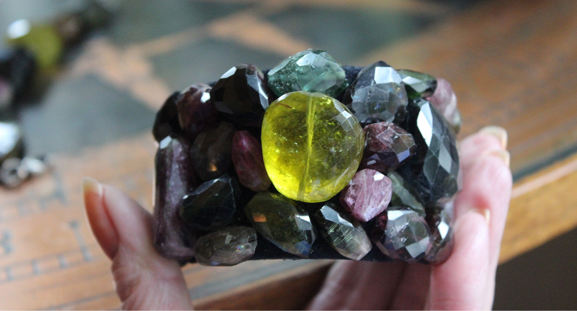 Reserved for D Faceted Tourmaline Cuff Bracelet Set with Super Rare Faceted Canary Yellow & Multiple Checkerboard Faceted Tourmaline Stones , Butter Soft Premium Black Suede Leather