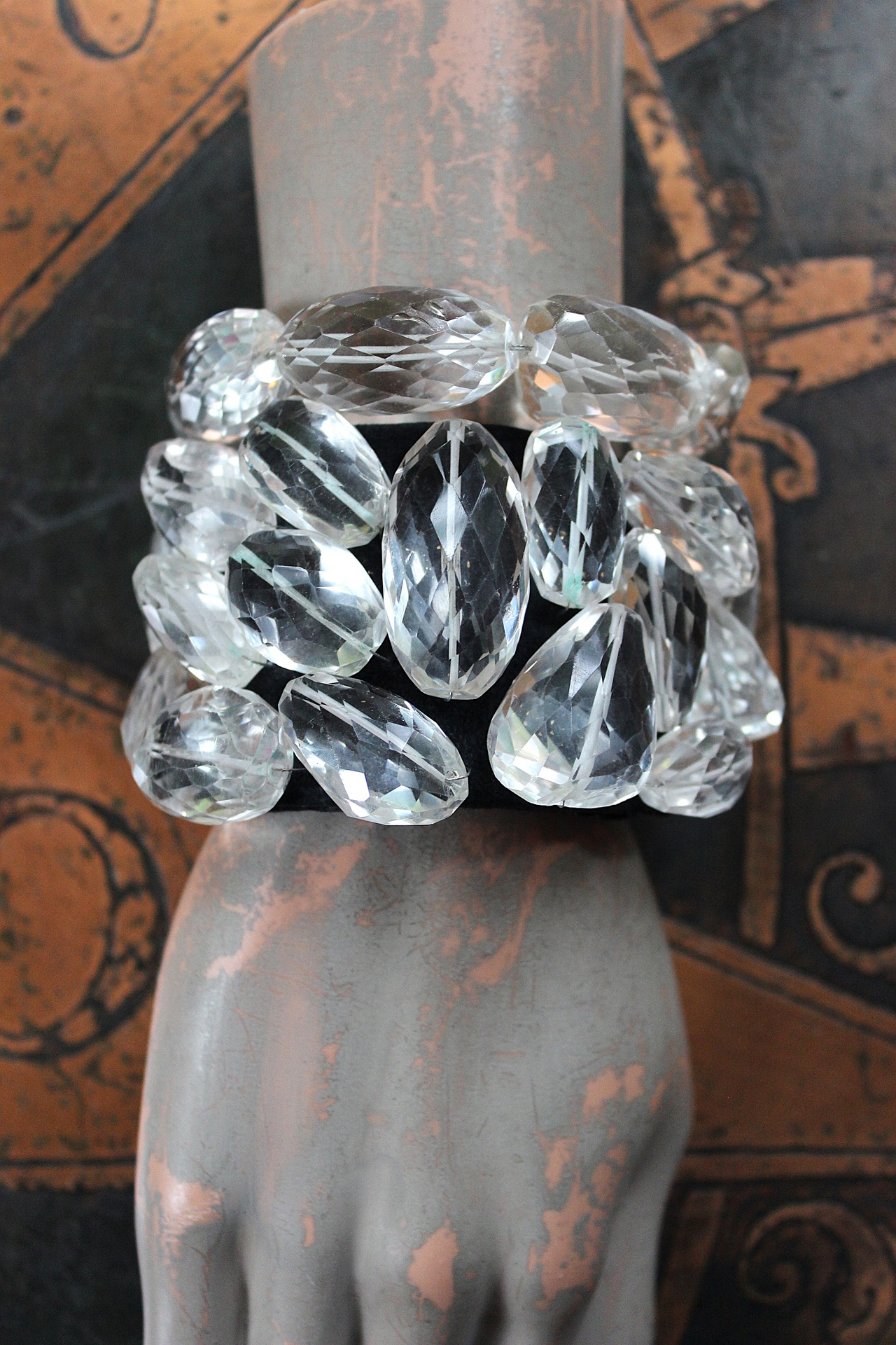 NEW! Faceted Rock Quartz Crystal Cuff Bracelet Set with Highly Faceted Stones, Premium Black Leather and Sterling Clasp
