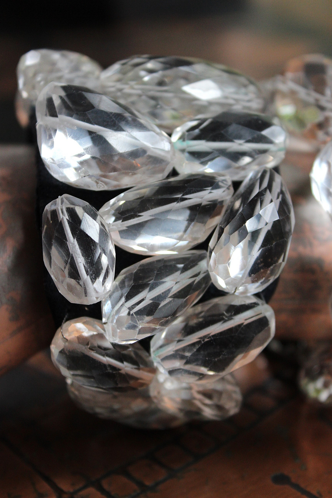 NEW! Faceted Rock Quartz Crystal Cuff Bracelet Set with Highly Faceted Stones, Premium Black Leather and Sterling Clasp