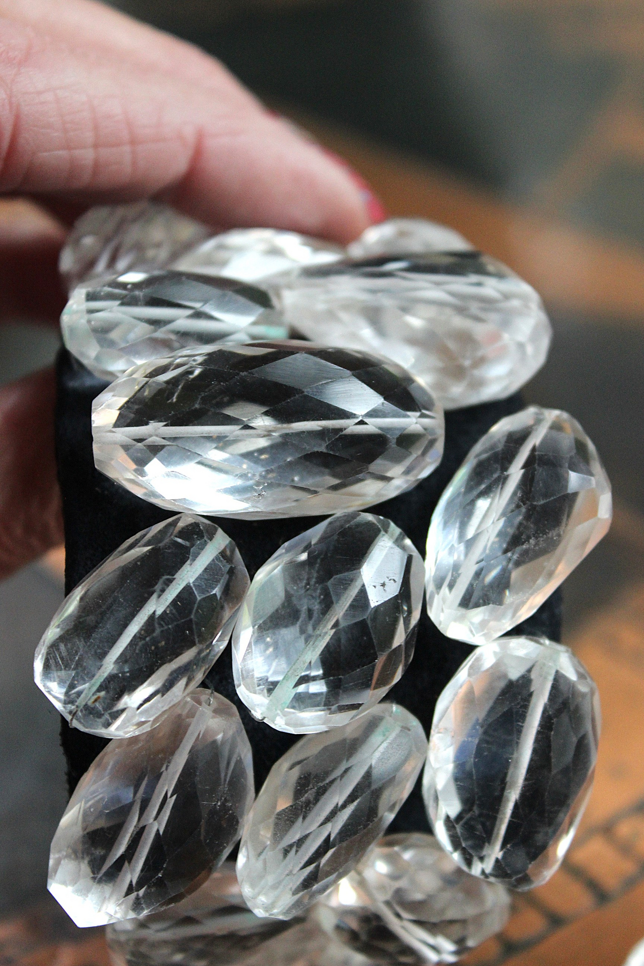NEW! Faceted Rock Quartz Crystal Cuff Bracelet Set with Highly Faceted Stones, Premium Black Leather and Sterling Clasp