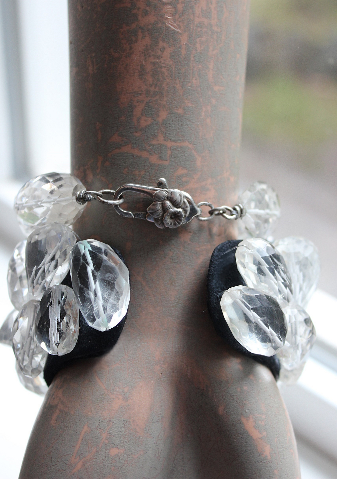 NEW! Faceted Rock Quartz Crystal Cuff Bracelet Set with Highly Faceted Stones, Premium Black Leather and Sterling Clasp