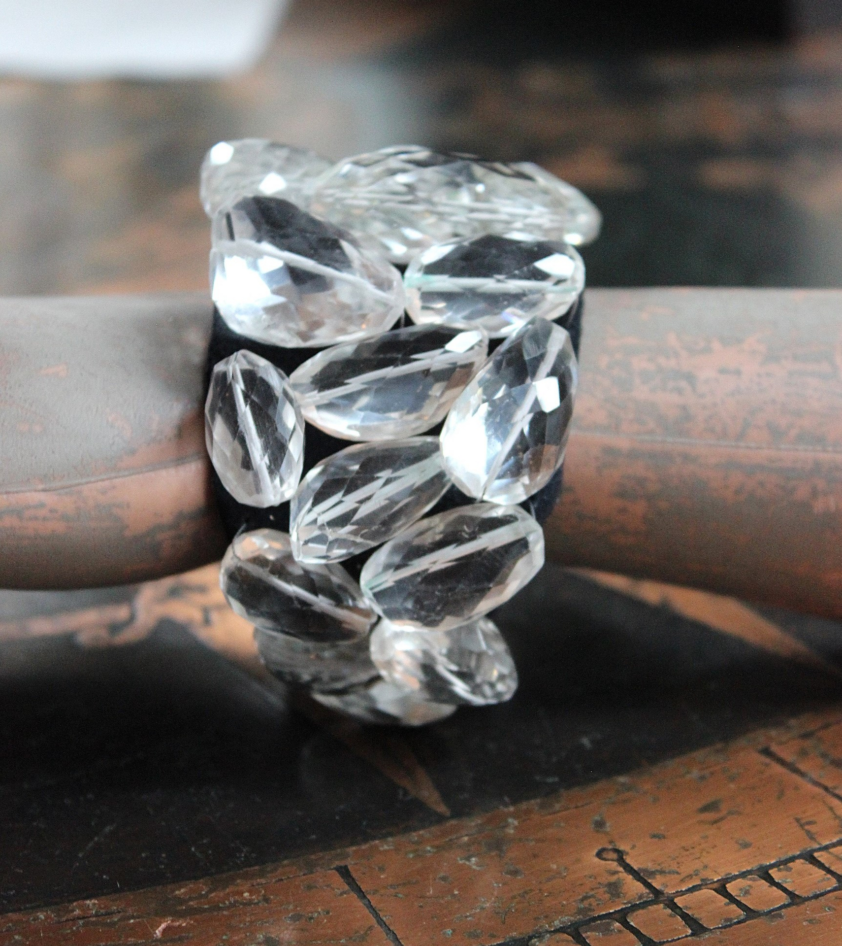 NEW! Faceted Rock Quartz Crystal Cuff Bracelet Set with Highly Faceted Stones, Premium Black Leather and Sterling Clasp