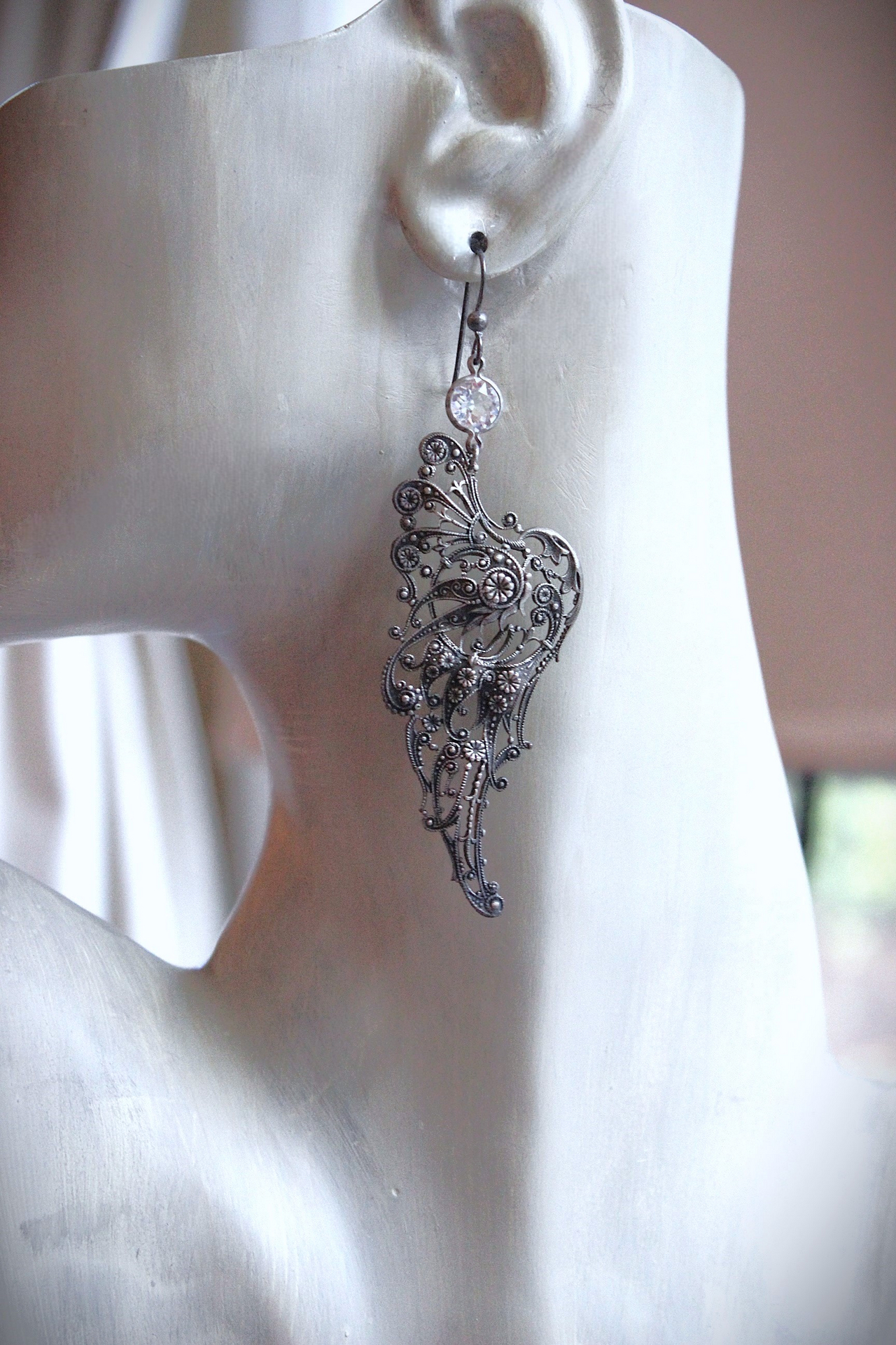 NEW! You Have Wings Earrings with Antique Intricate Sterling Wings,Antique Bezel Set Faceted Crystal Connectors,Sterling Earring Hooks