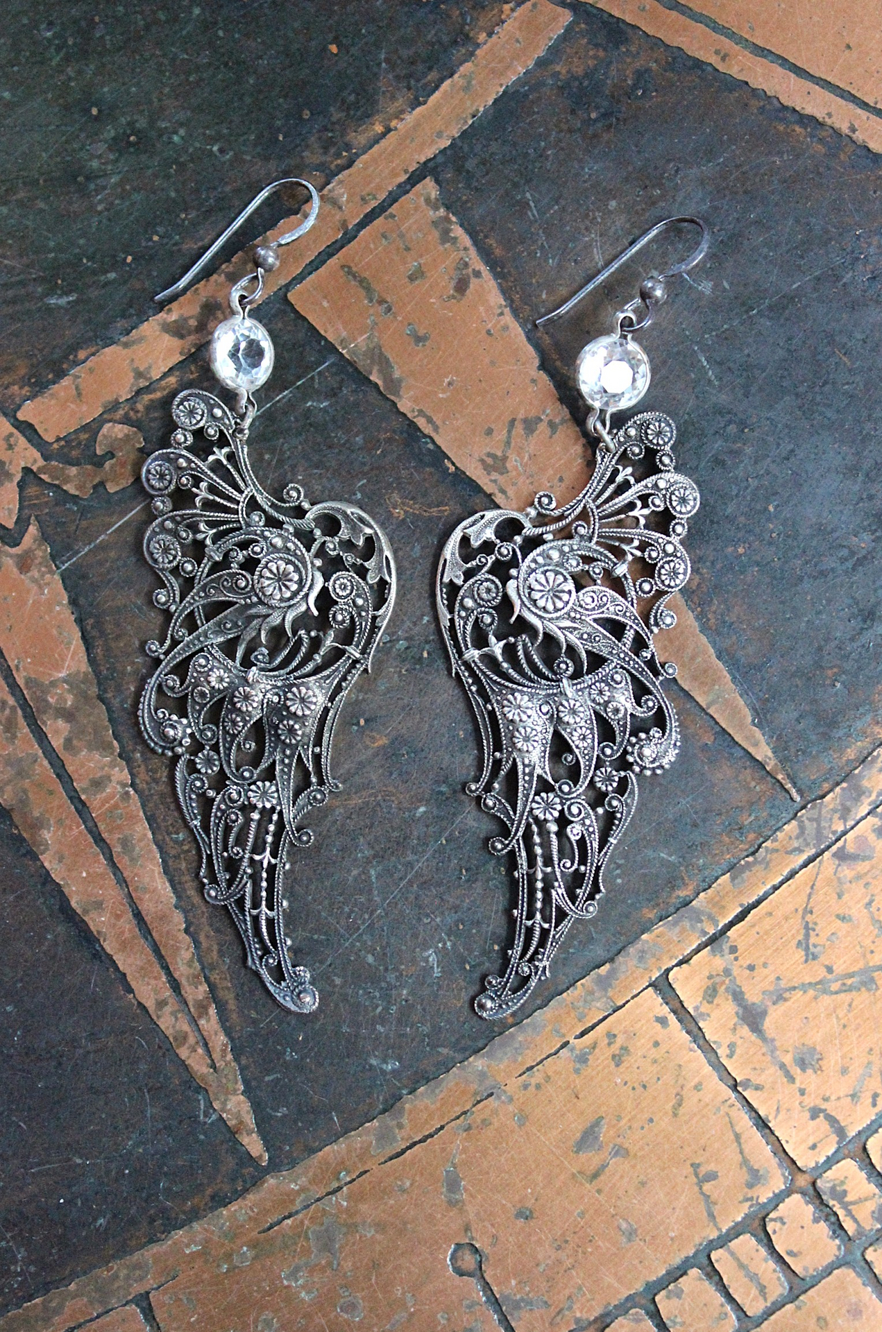 NEW! You Have Wings Earrings with Antique Intricate Sterling Wings,Antique Bezel Set Faceted Crystal Connectors,Sterling Earring Hooks