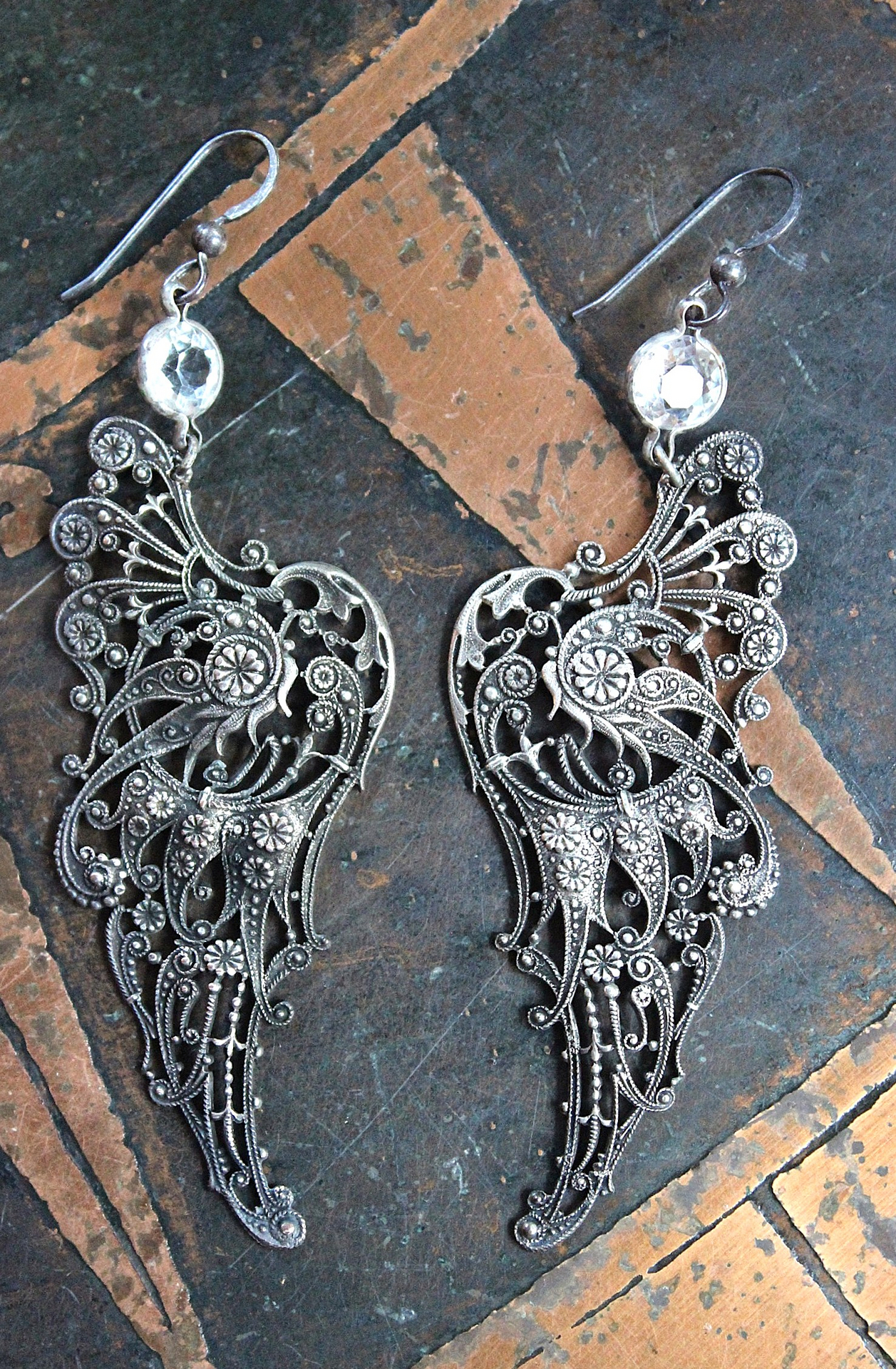 NEW! You Have Wings Earrings with Antique Intricate Sterling Wings,Antique Bezel Set Faceted Crystal Connectors,Sterling Earring Hooks