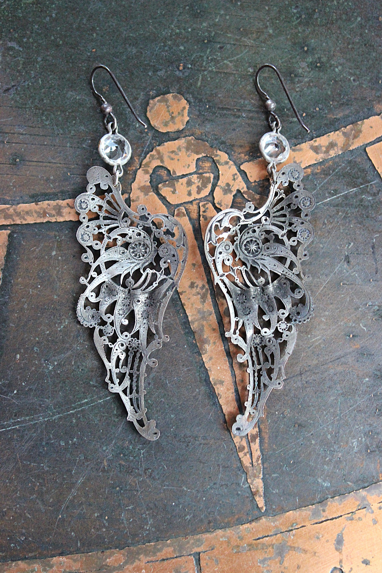 NEW! You Have Wings Earrings with Antique Intricate Sterling Wings,Antique Bezel Set Faceted Crystal Connectors,Sterling Earring Hooks