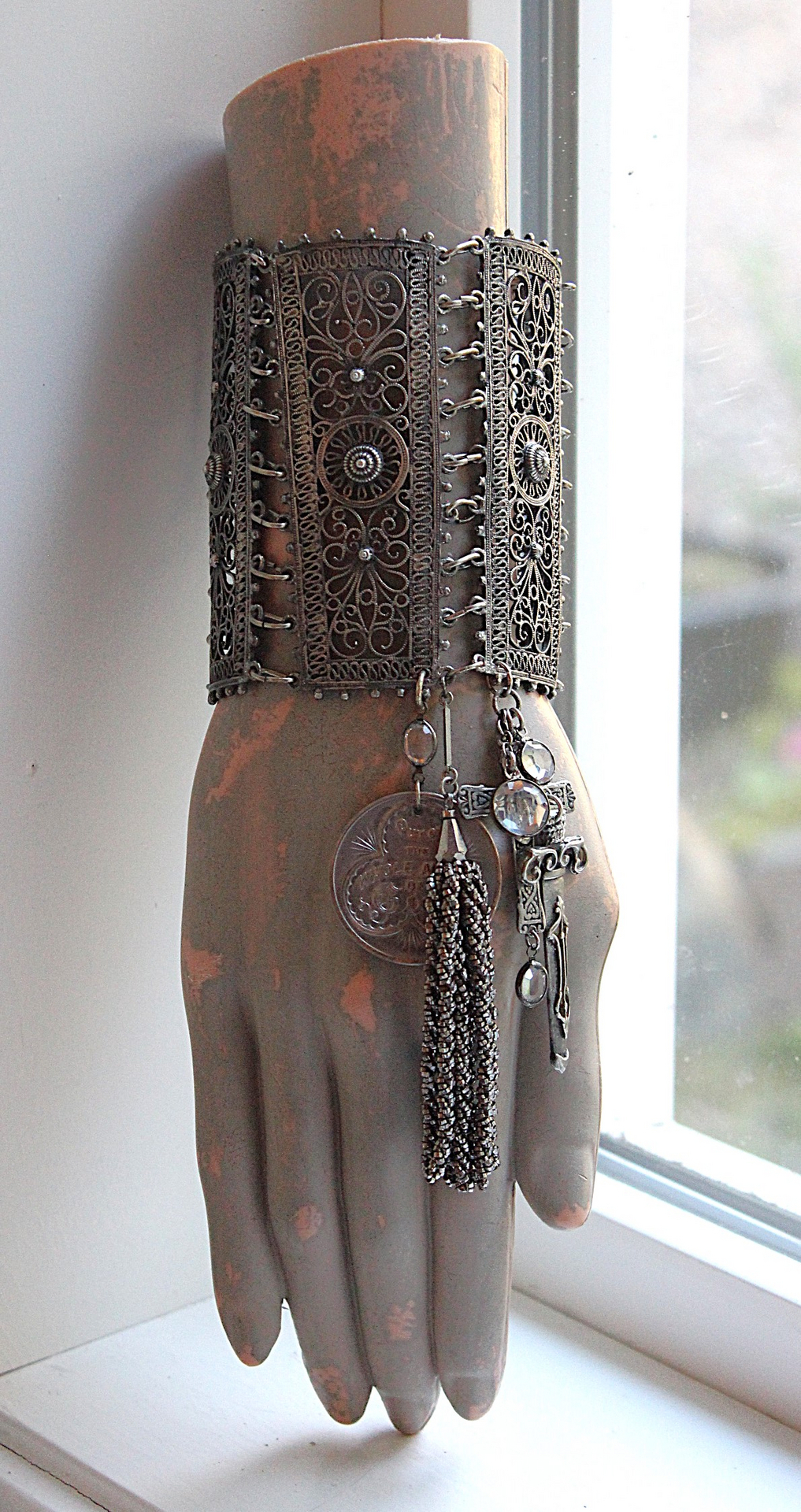 SOLD to L Put on the Whole Armor of God Bracelet w/Antique Etruscan Panels, Rare 1870 Henry Beecher Medal,Rare Antique Cut Steel Tassel, French Sword & Cross Medals & Bezel Set Crystals