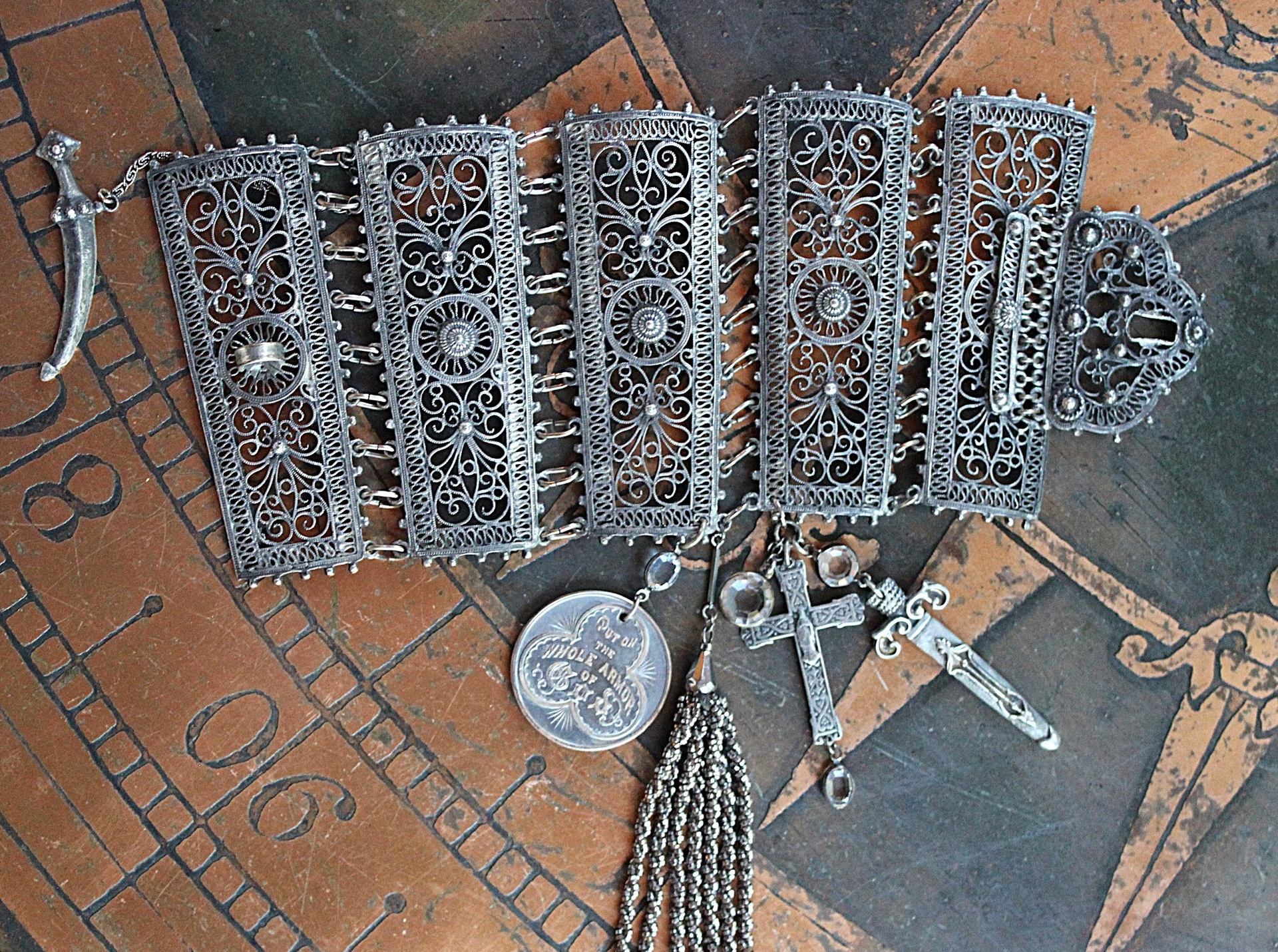 SOLD to L Put on the Whole Armor of God Bracelet w/Antique Etruscan Panels, Rare 1870 Henry Beecher Medal,Rare Antique Cut Steel Tassel, French Sword & Cross Medals & Bezel Set Crystals