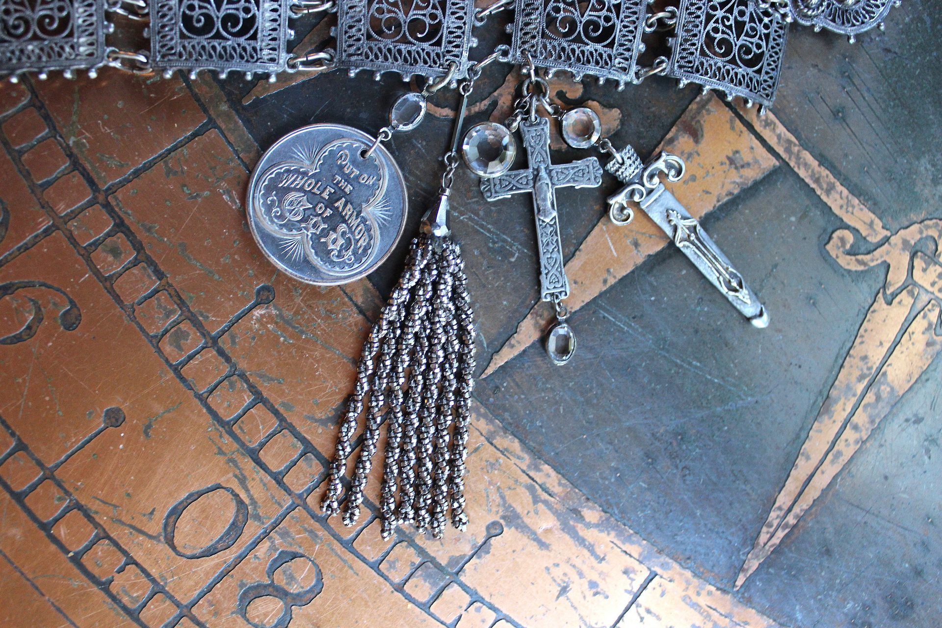 SOLD to L Put on the Whole Armor of God Bracelet w/Antique Etruscan Panels, Rare 1870 Henry Beecher Medal,Rare Antique Cut Steel Tassel, French Sword & Cross Medals & Bezel Set Crystals