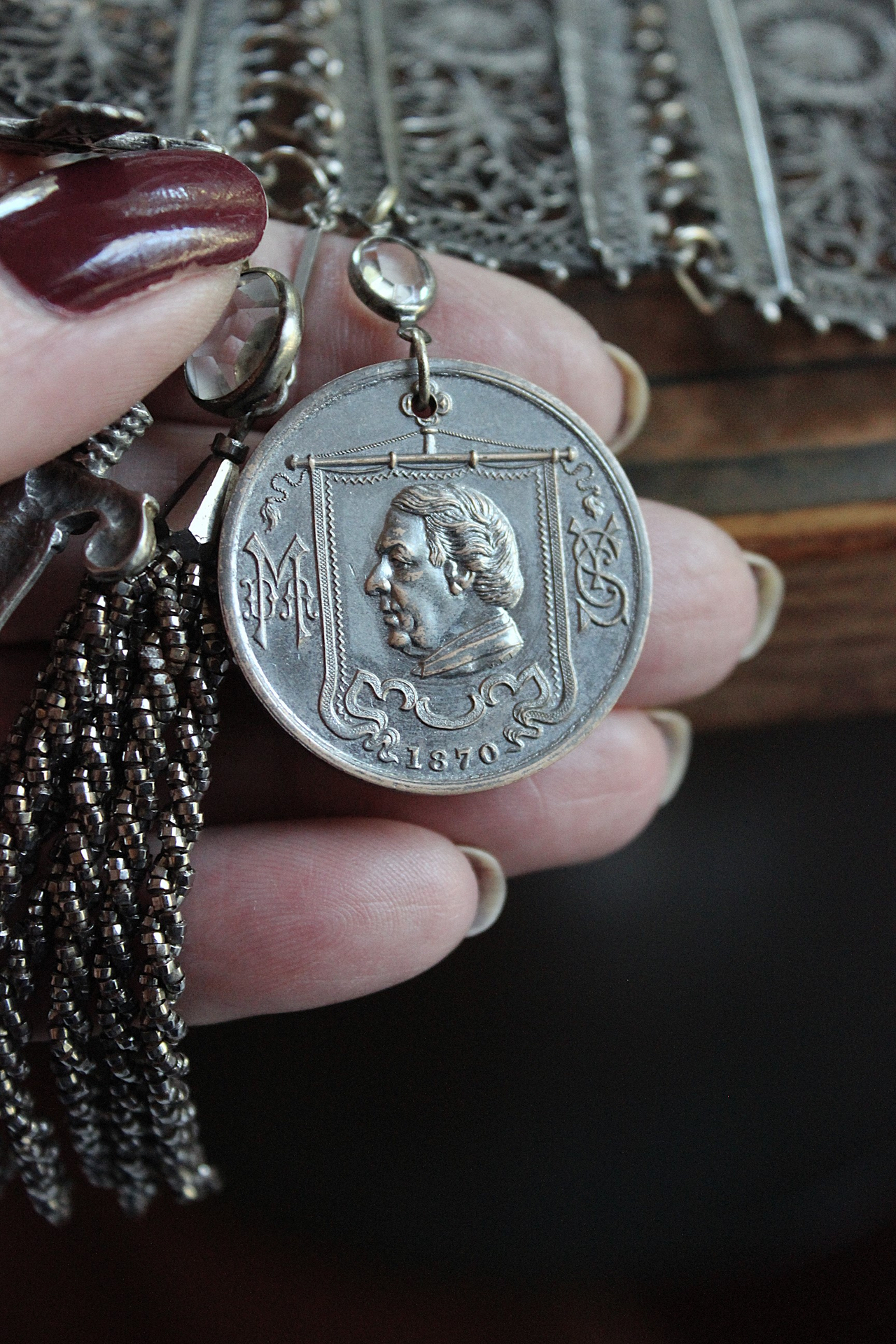 SOLD to L Put on the Whole Armor of God Bracelet w/Antique Etruscan Panels, Rare 1870 Henry Beecher Medal,Rare Antique Cut Steel Tassel, French Sword & Cross Medals & Bezel Set Crystals