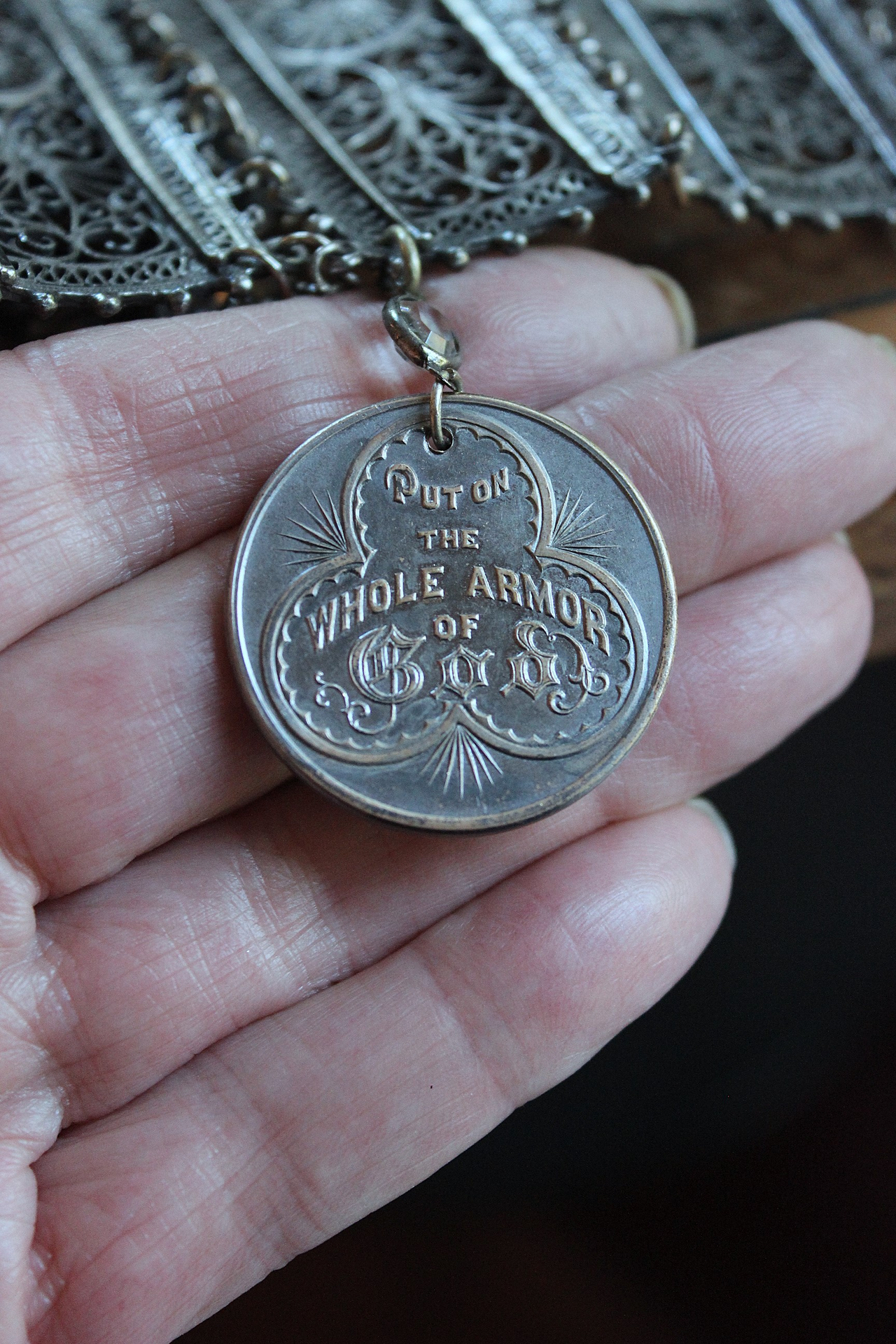 SOLD to L Put on the Whole Armor of God Bracelet w/Antique Etruscan Panels, Rare 1870 Henry Beecher Medal,Rare Antique Cut Steel Tassel, French Sword & Cross Medals & Bezel Set Crystals