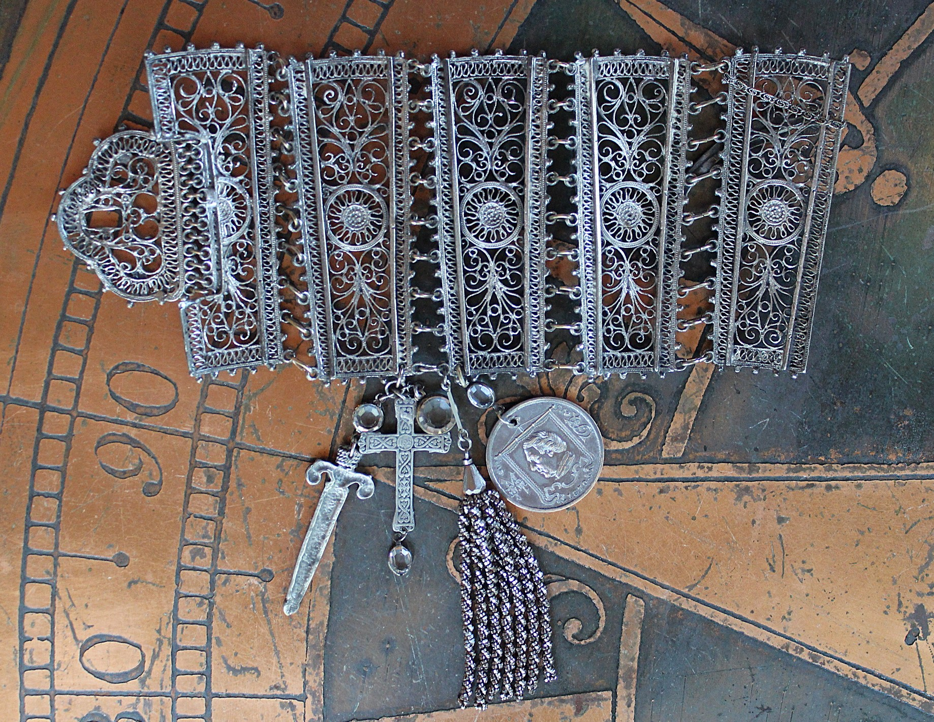 SOLD to L Put on the Whole Armor of God Bracelet w/Antique Etruscan Panels, Rare 1870 Henry Beecher Medal,Rare Antique Cut Steel Tassel, French Sword & Cross Medals & Bezel Set Crystals