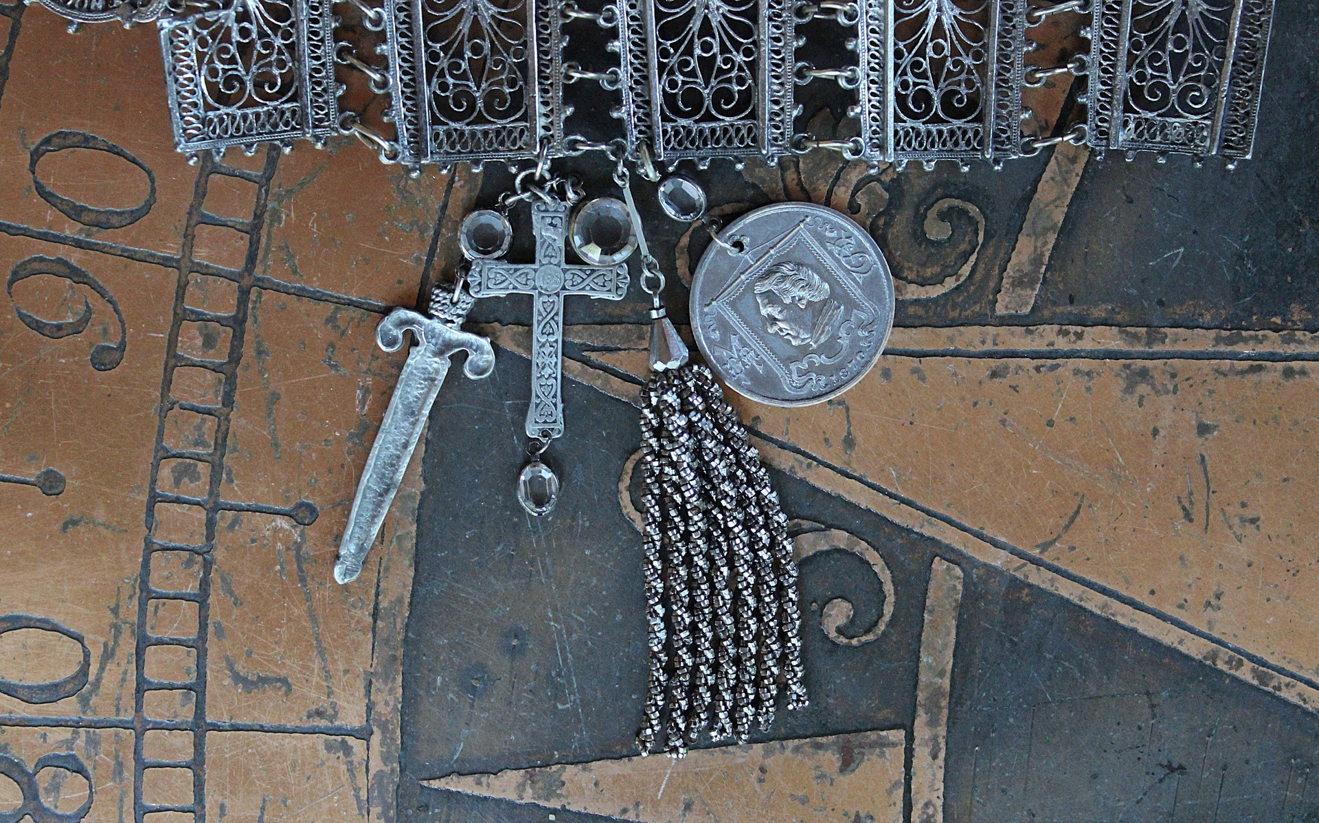 SOLD to L Put on the Whole Armor of God Bracelet w/Antique Etruscan Panels, Rare 1870 Henry Beecher Medal,Rare Antique Cut Steel Tassel, French Sword & Cross Medals & Bezel Set Crystals