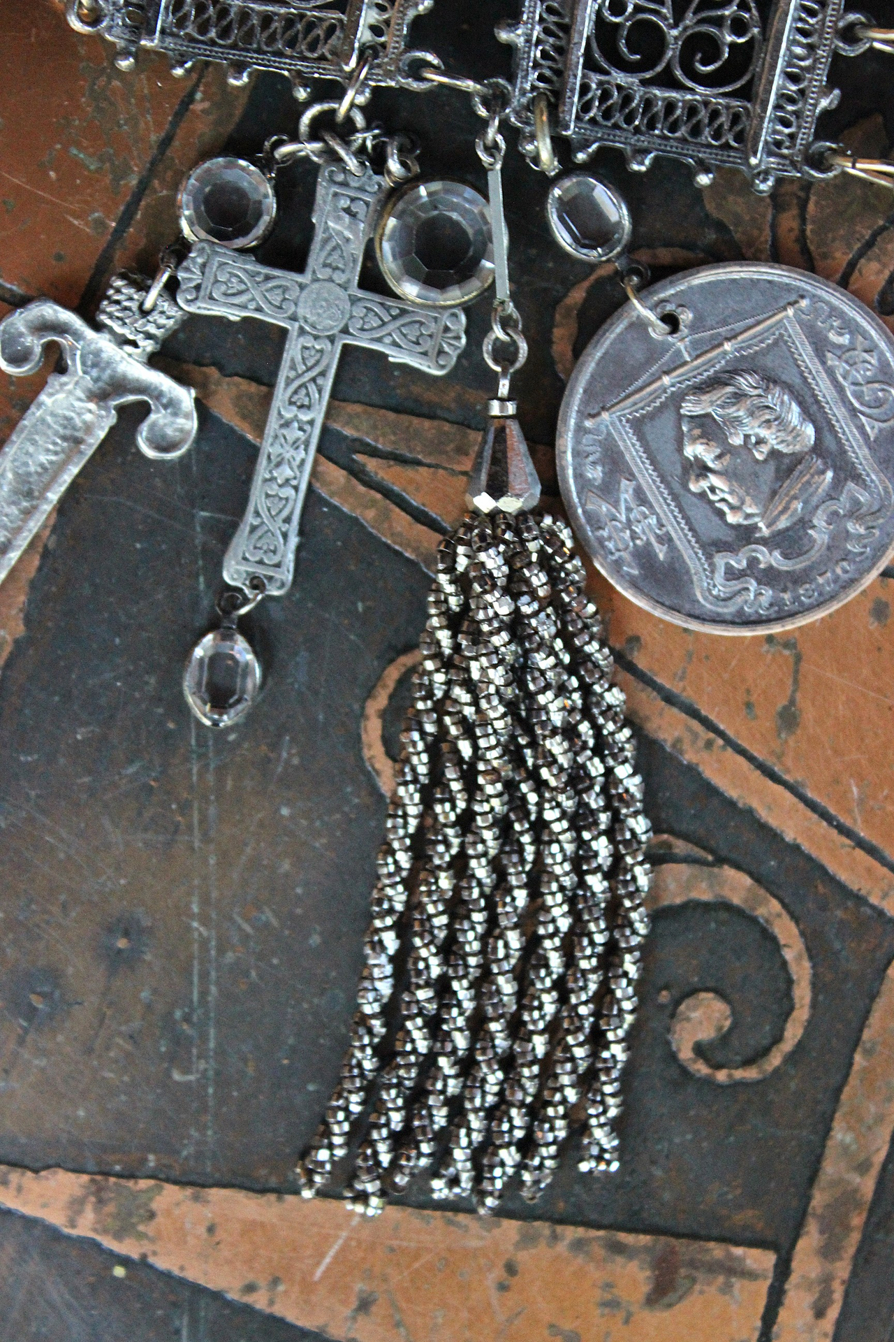 SOLD to L Put on the Whole Armor of God Bracelet w/Antique Etruscan Panels, Rare 1870 Henry Beecher Medal,Rare Antique Cut Steel Tassel, French Sword & Cross Medals & Bezel Set Crystals