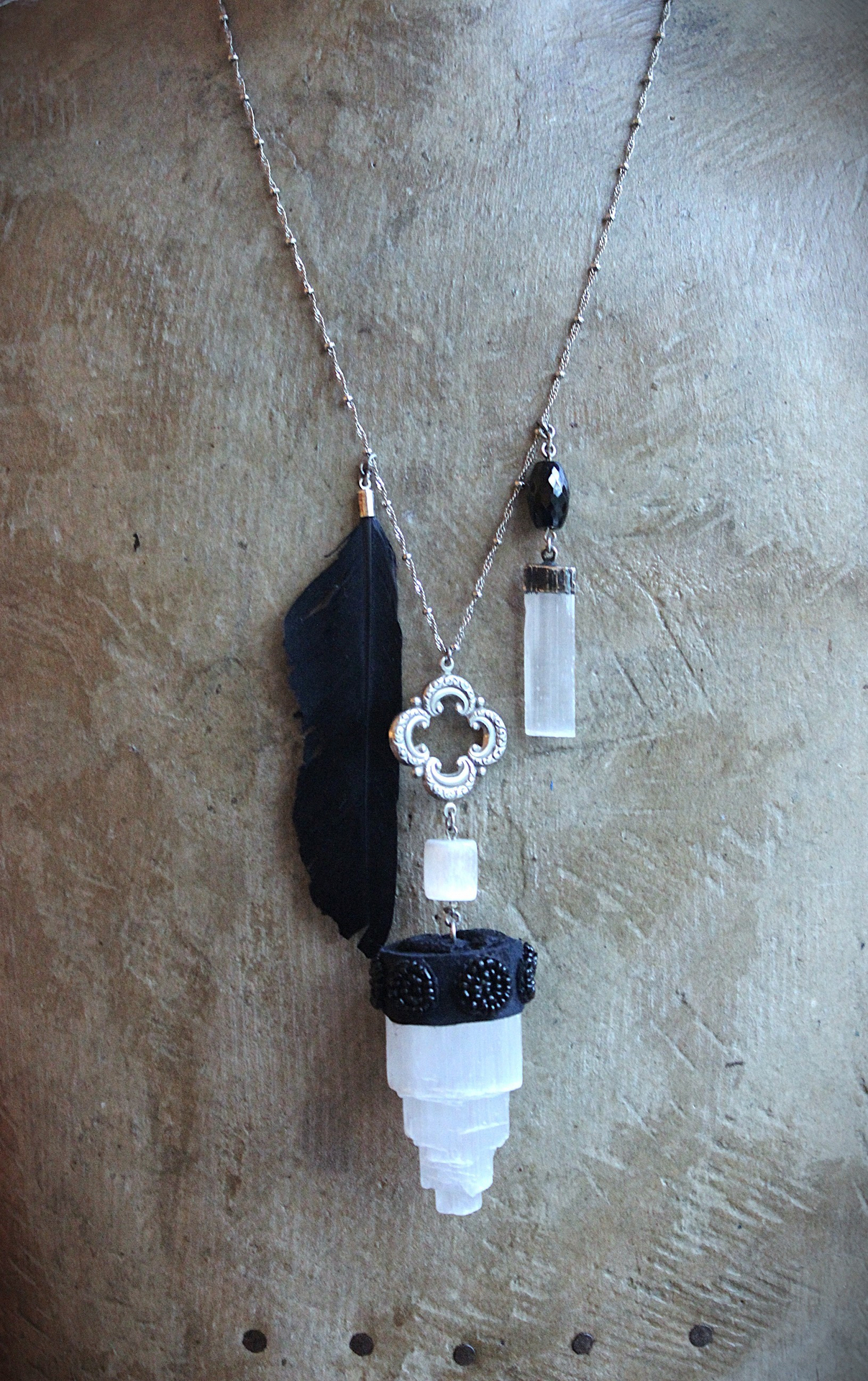 Inner Power Necklace with Rare Small Selenite Tower,Raven Feather,Hand Stitched Seed Beads & Embroidered Crescent Moons++