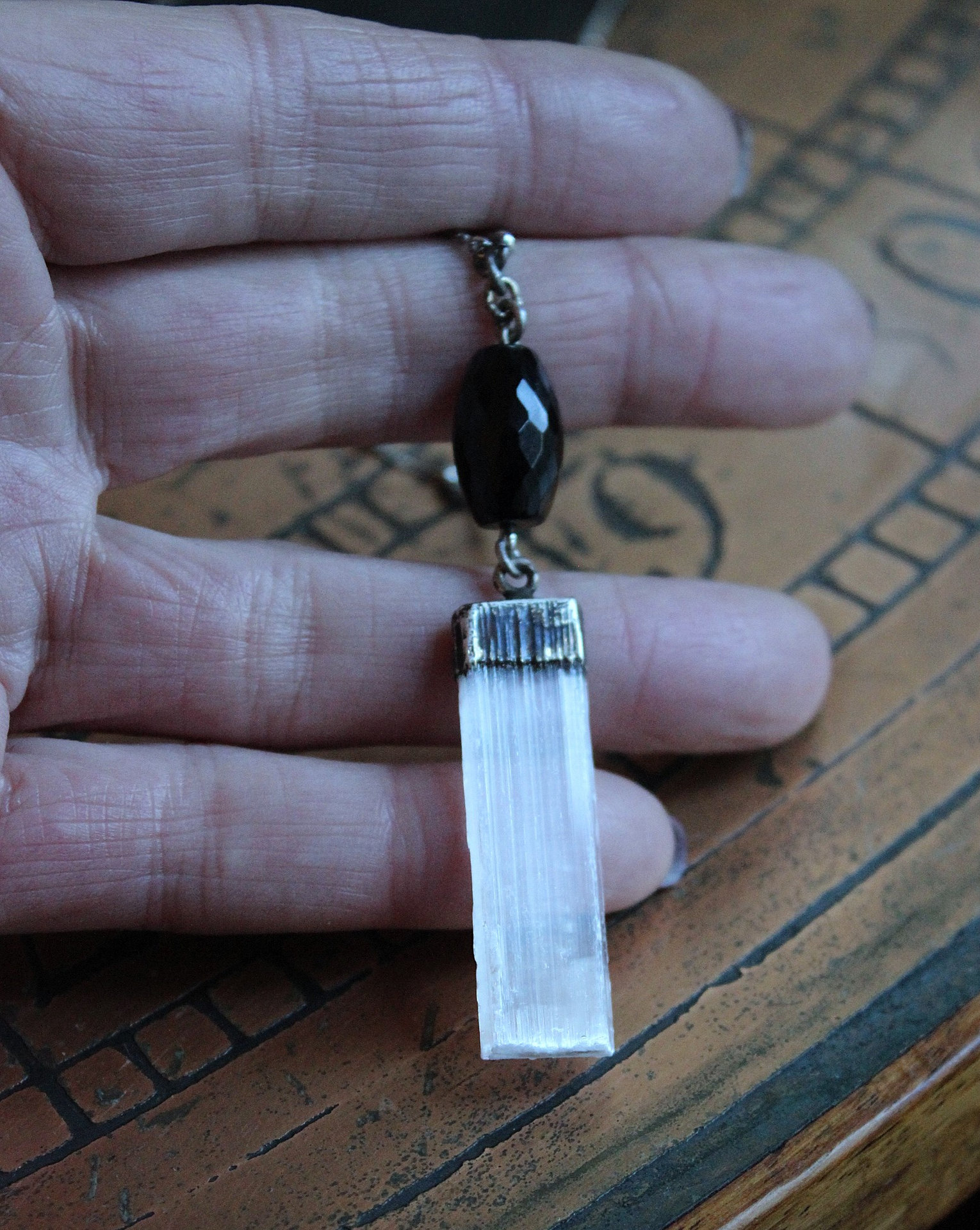 Inner Power Necklace with Rare Small Selenite Tower,Raven Feather,Hand Stitched Seed Beads & Embroidered Crescent Moons++