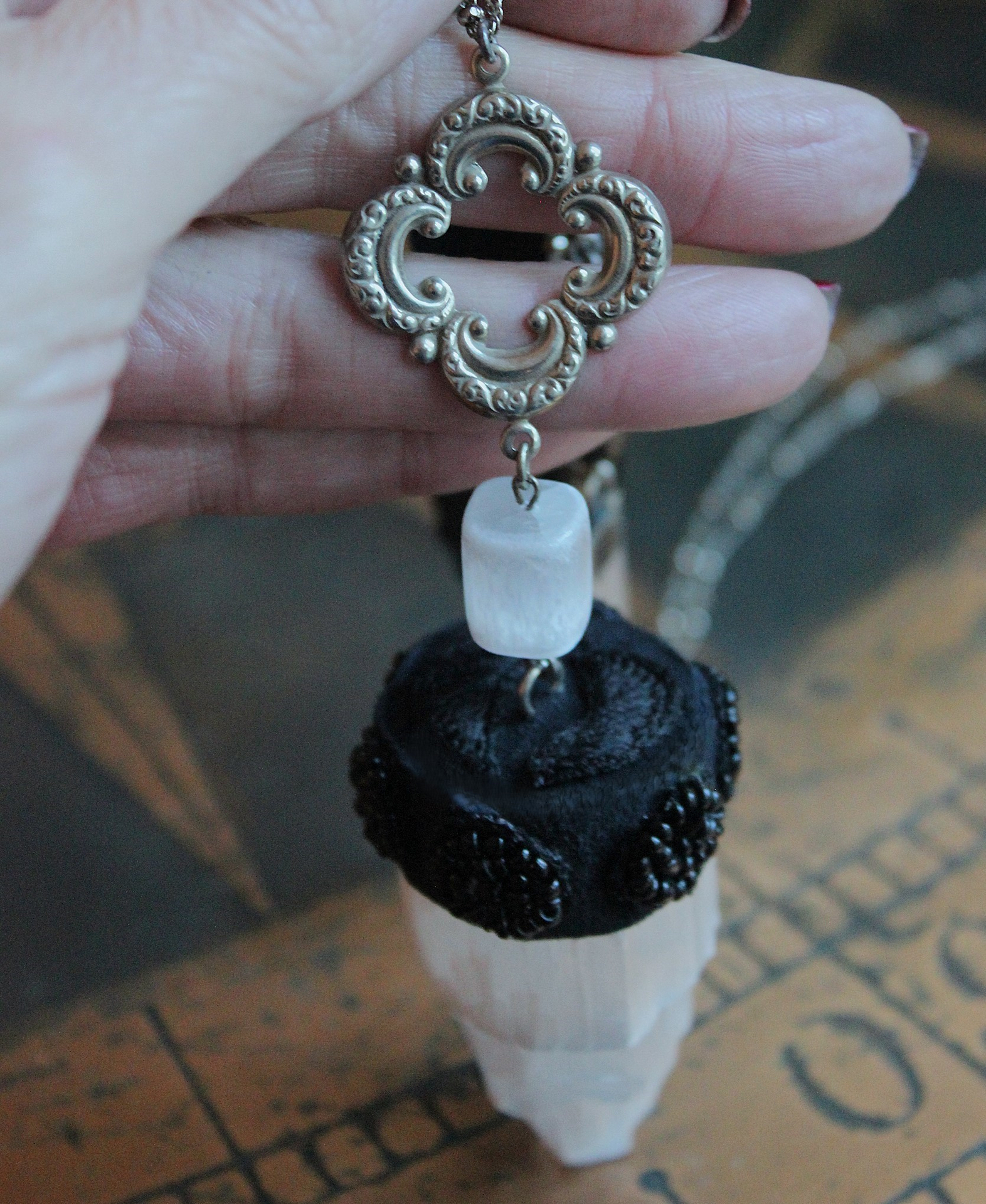 Inner Power Necklace with Rare Small Selenite Tower,Raven Feather,Hand Stitched Seed Beads & Embroidered Crescent Moons++