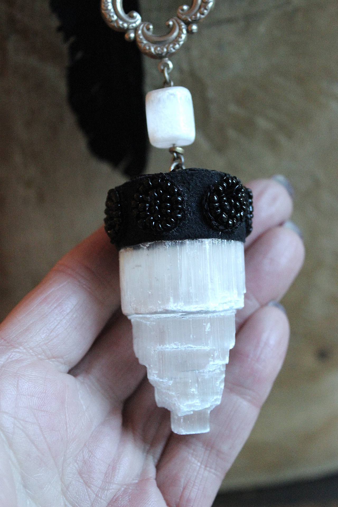 Inner Power Necklace with Rare Small Selenite Tower,Raven Feather,Hand Stitched Seed Beads & Embroidered Crescent Moons++