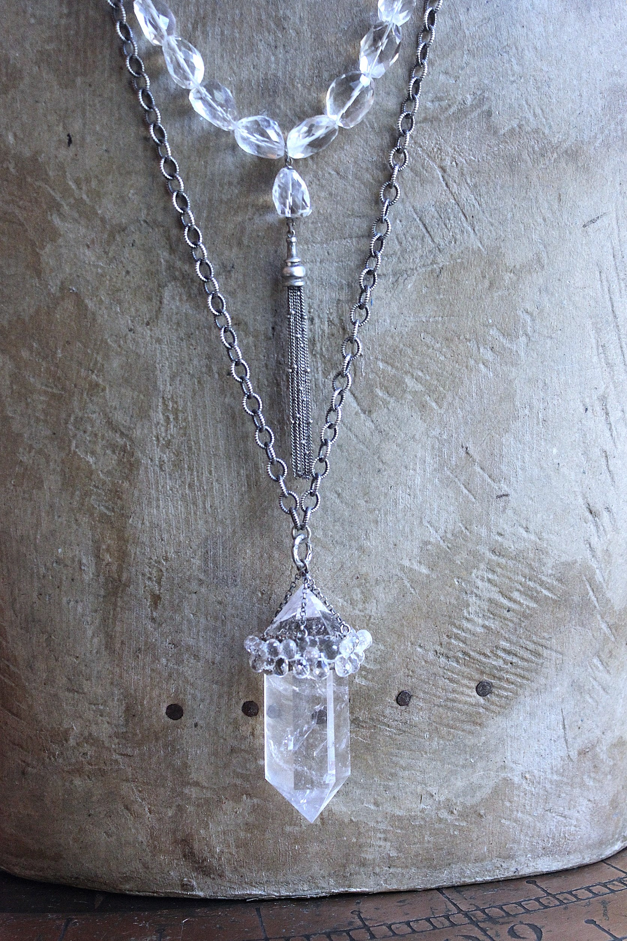 SOLD to J  AAA Faceted Rock Crystal Necklace Set with Double Terminated Rock Crystal Point,Tiny Faceted Rock Crystal Briolettes,Solid Sterling Chain