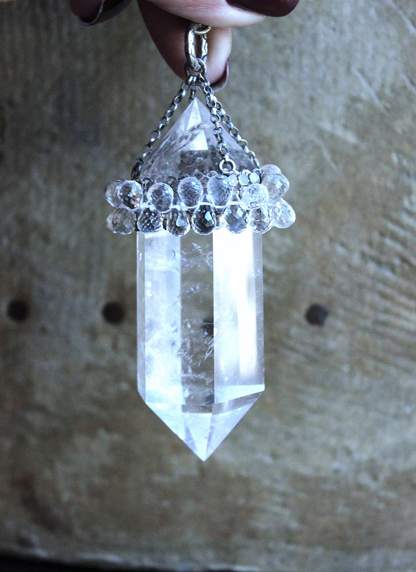 SOLD to J  AAA Faceted Rock Crystal Necklace Set with Double Terminated Rock Crystal Point,Tiny Faceted Rock Crystal Briolettes,Solid Sterling Chain