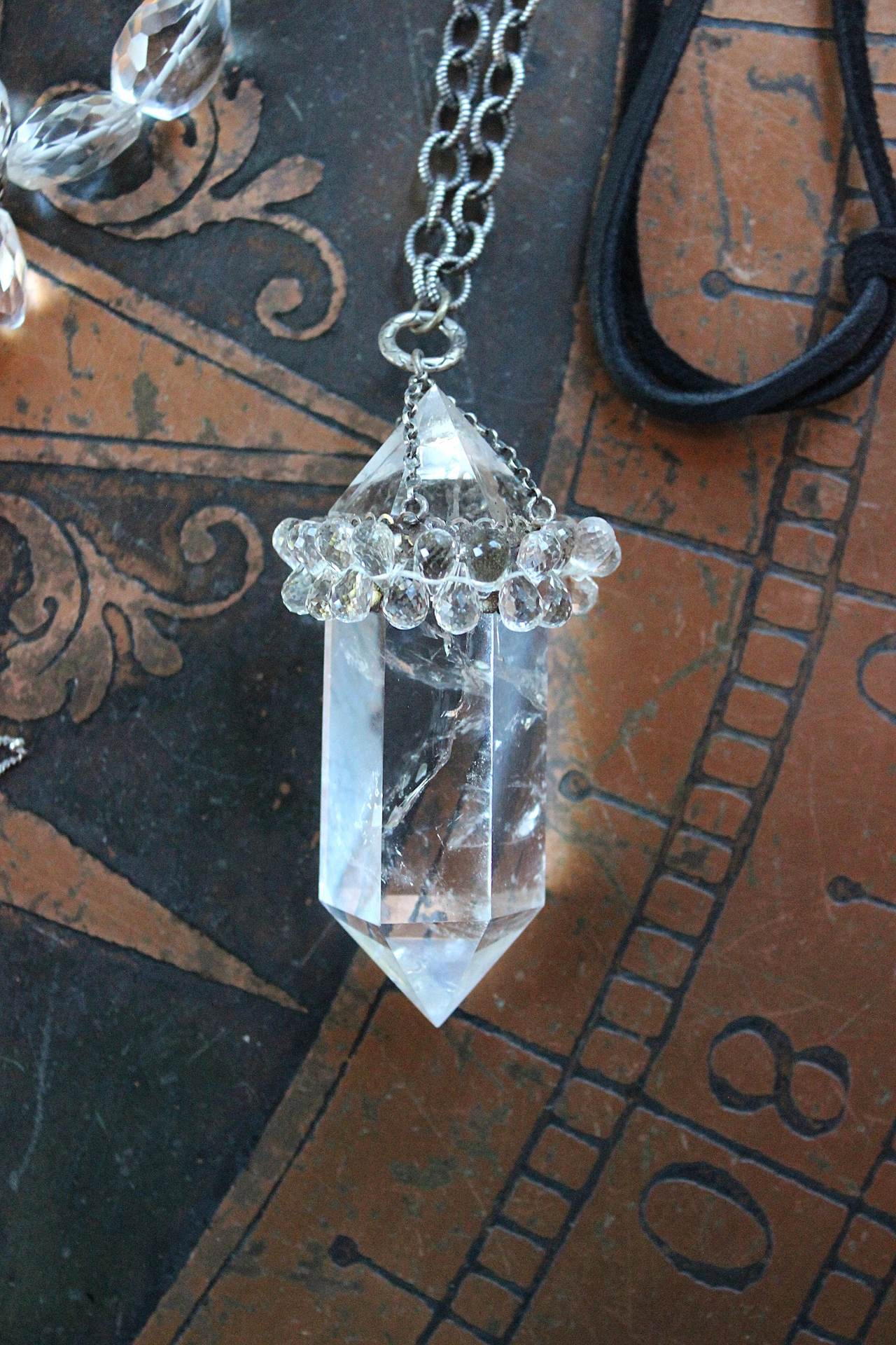 SOLD to J  AAA Faceted Rock Crystal Necklace Set with Double Terminated Rock Crystal Point,Tiny Faceted Rock Crystal Briolettes,Solid Sterling Chain