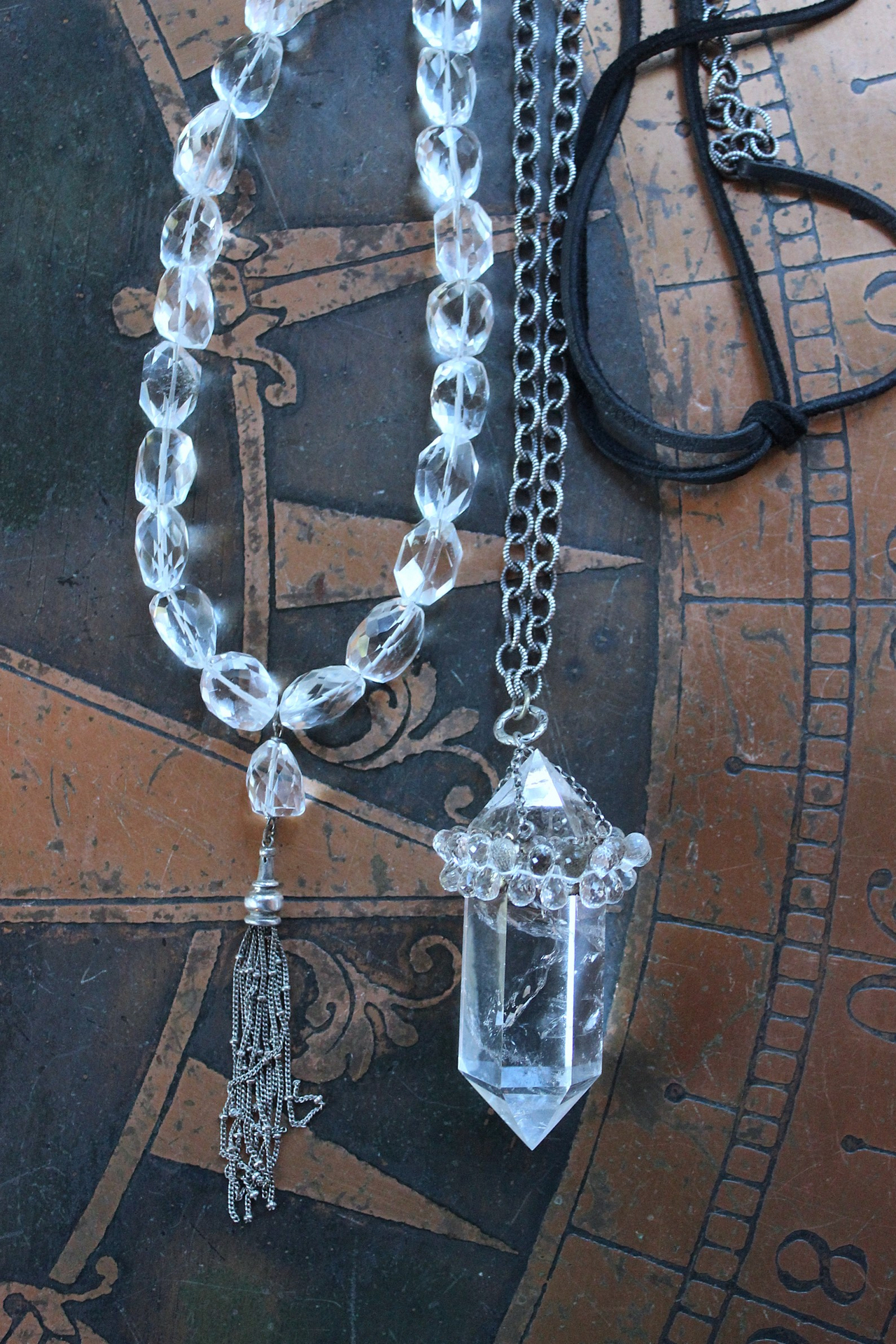 SOLD to J  AAA Faceted Rock Crystal Necklace Set with Double Terminated Rock Crystal Point,Tiny Faceted Rock Crystal Briolettes,Solid Sterling Chain
