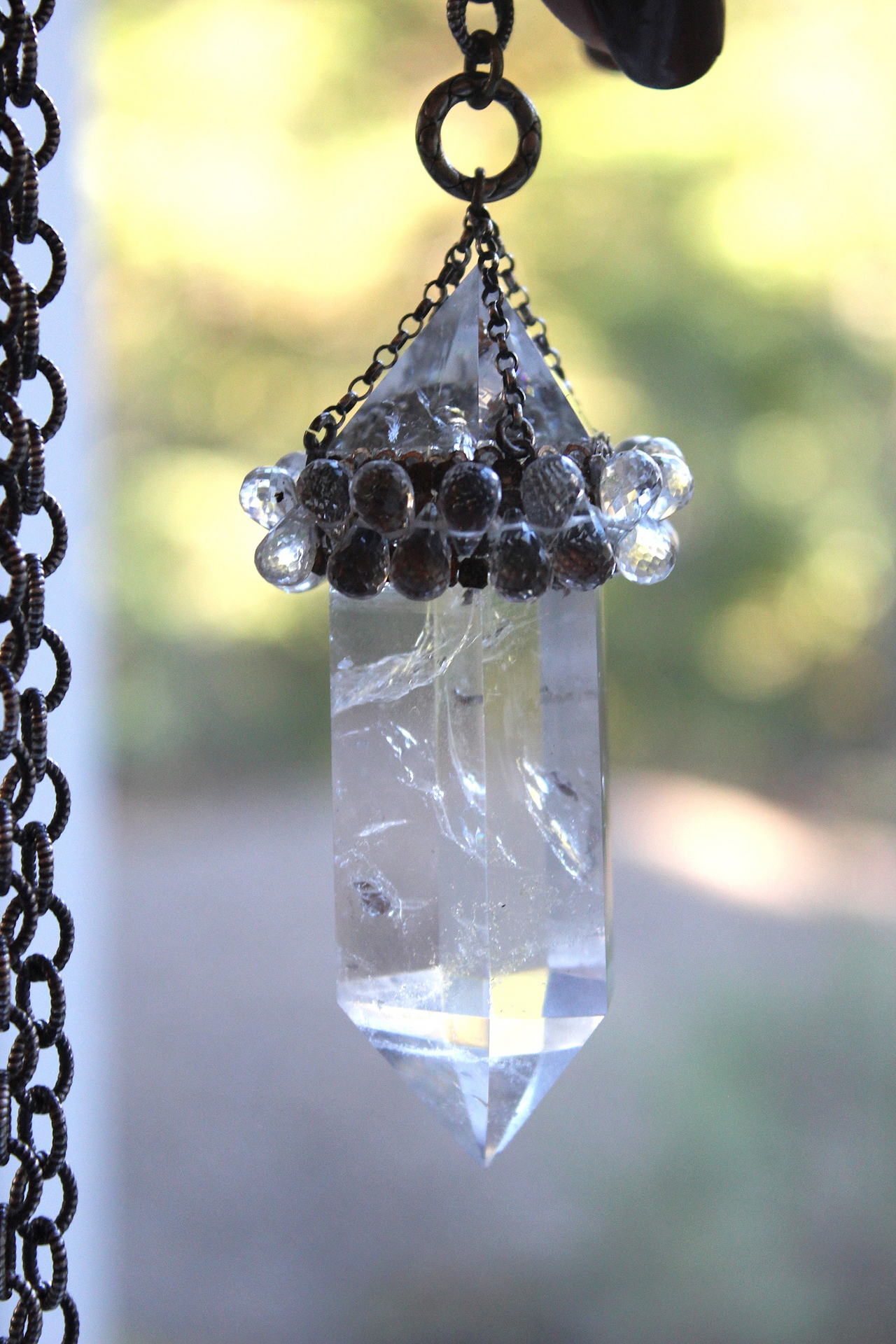 SOLD to J  AAA Faceted Rock Crystal Necklace Set with Double Terminated Rock Crystal Point,Tiny Faceted Rock Crystal Briolettes,Solid Sterling Chain