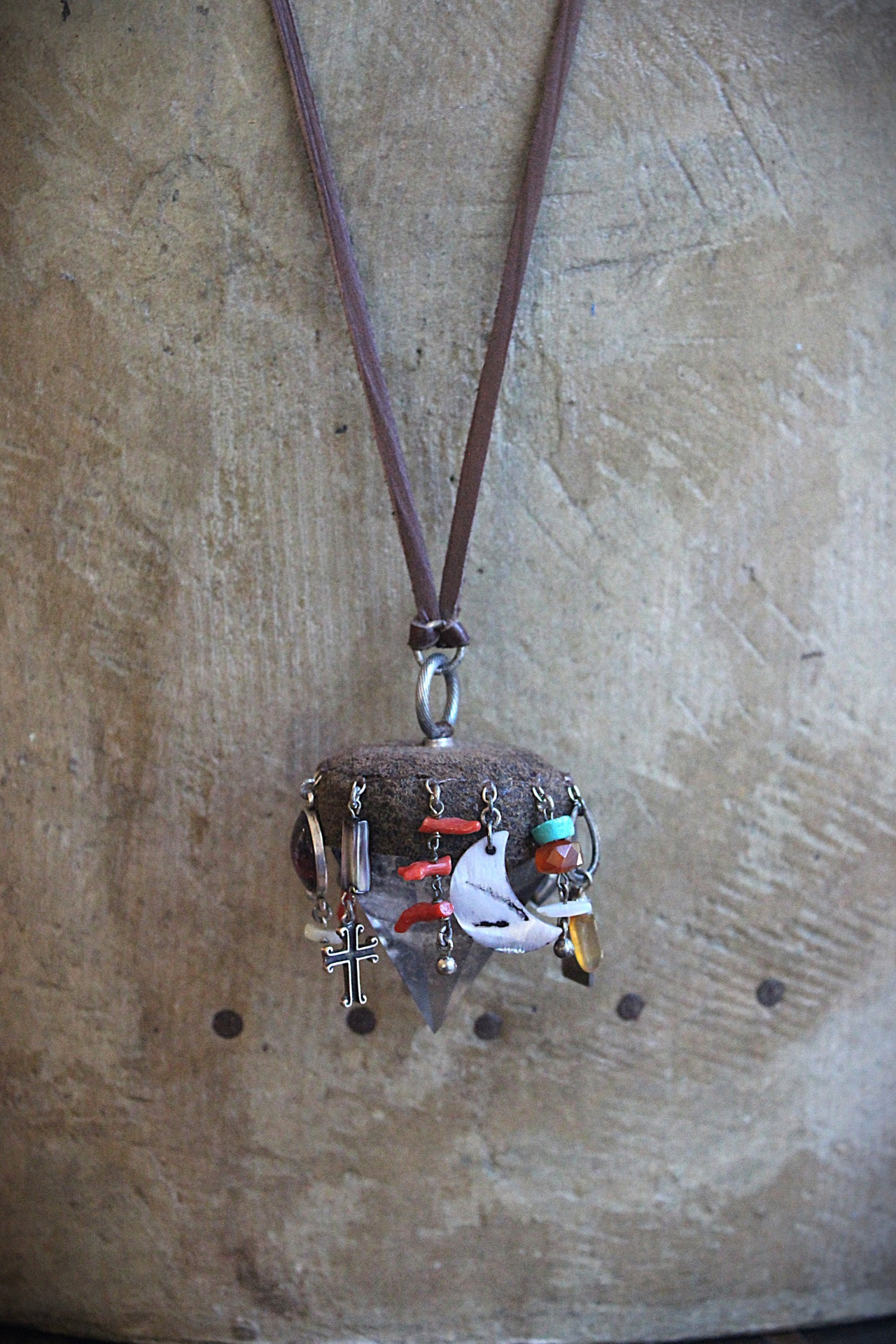 Cosmic Journey Necklace with Amazing Pyramid Rock Crystal Point, Distressed Leather Cap, Multiple Unique Dangles