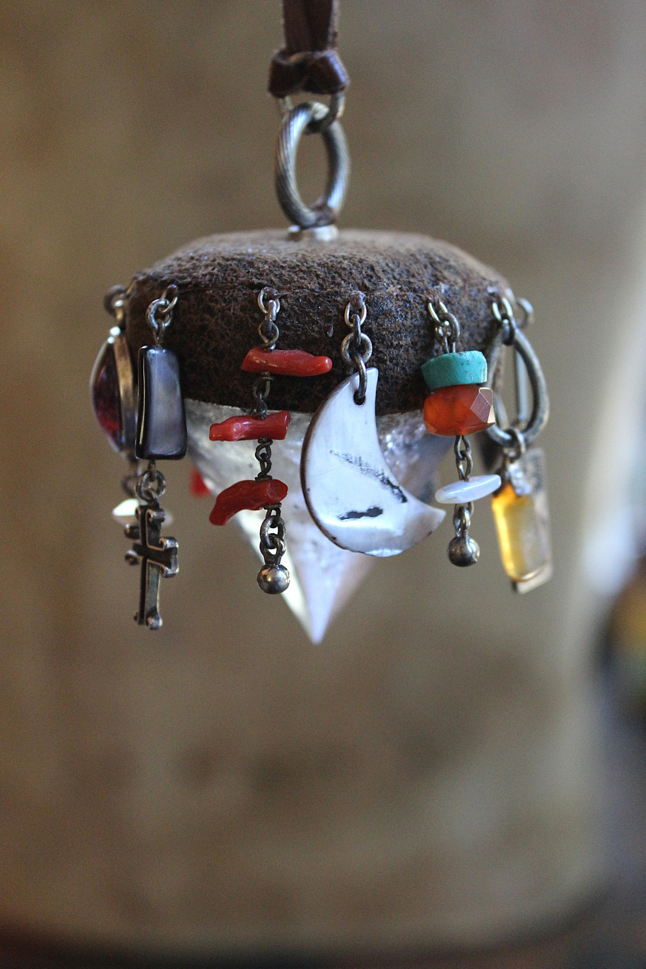 Cosmic Journey Necklace with Amazing Pyramid Rock Crystal Point, Distressed Leather Cap, Multiple Unique Dangles