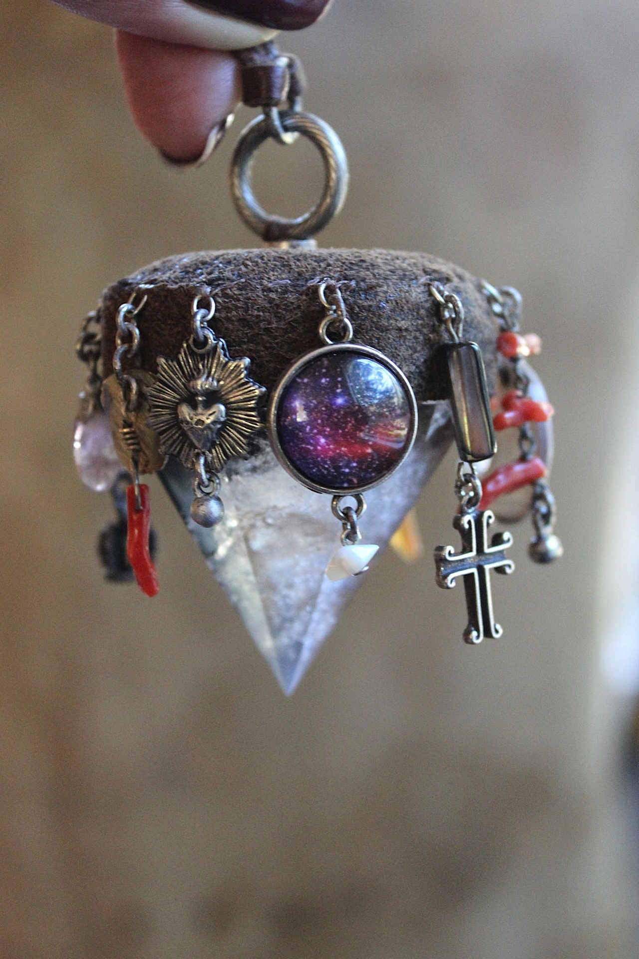Cosmic Journey Necklace with Amazing Pyramid Rock Crystal Point, Distressed Leather Cap, Multiple Unique Dangles
