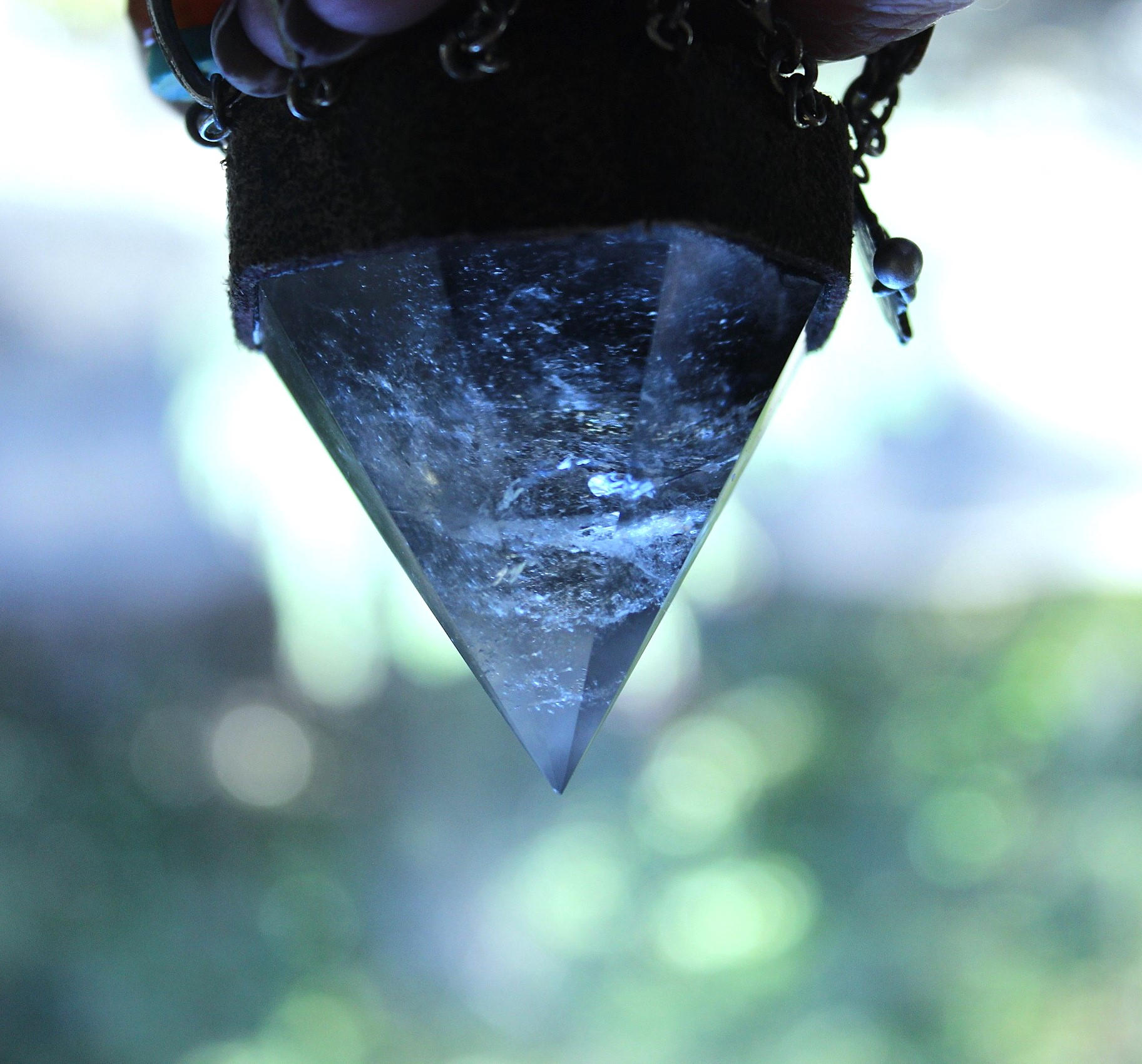 Cosmic Journey Necklace with Amazing Pyramid Rock Crystal Point, Distressed Leather Cap, Multiple Unique Dangles