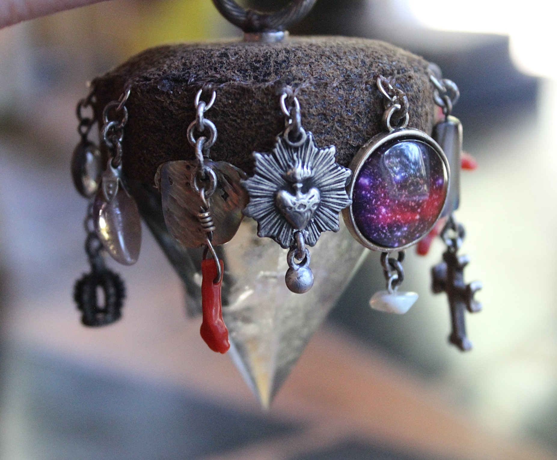 Cosmic Journey Necklace with Amazing Pyramid Rock Crystal Point, Distressed Leather Cap, Multiple Unique Dangles