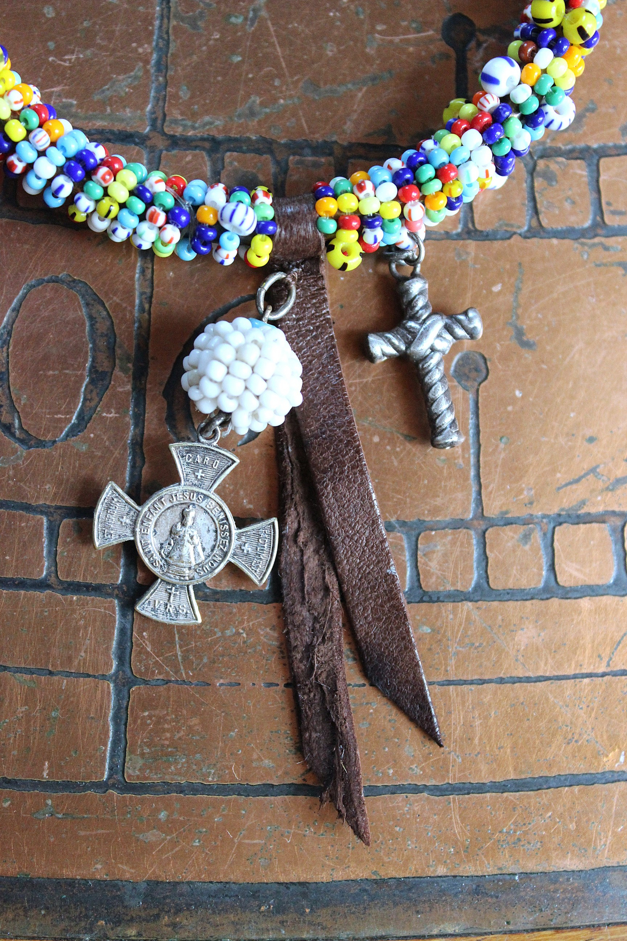 Work, Honesty, Devotion, Purity Necklace & Bracelet Set w/Amazing 1899 Sacred Heart 4 Way Cross,Antique Seed Bead Connectors,4 Sterling Crosses++
