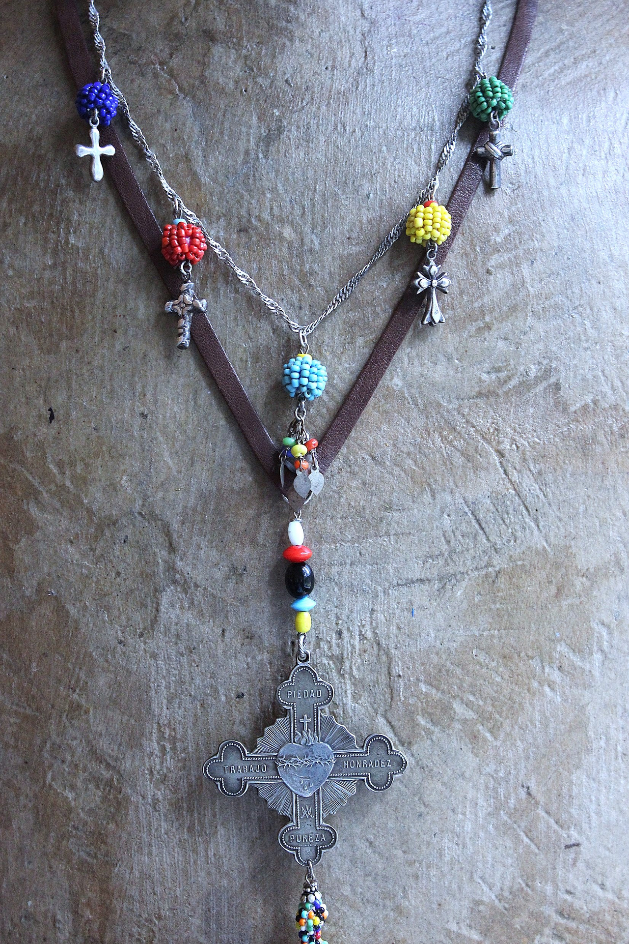 Work, Honesty, Devotion, Purity Necklace & Bracelet Set w/Amazing 1899 Sacred Heart 4 Way Cross,Antique Seed Bead Connectors,4 Sterling Crosses++