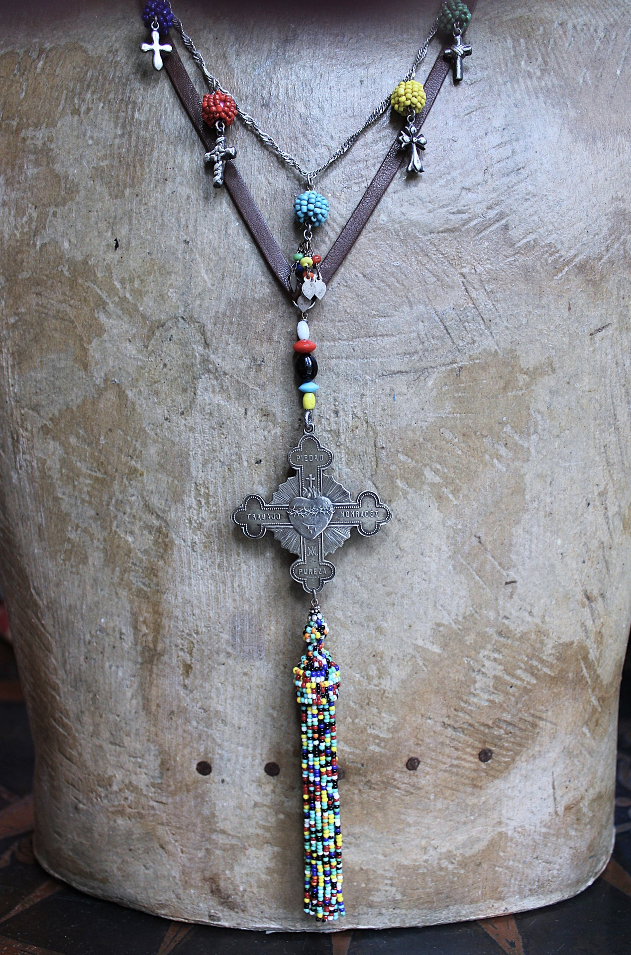 Work, Honesty, Devotion, Purity Necklace & Bracelet Set w/Amazing 1899 Sacred Heart 4 Way Cross,Antique Seed Bead Connectors,4 Sterling Crosses++