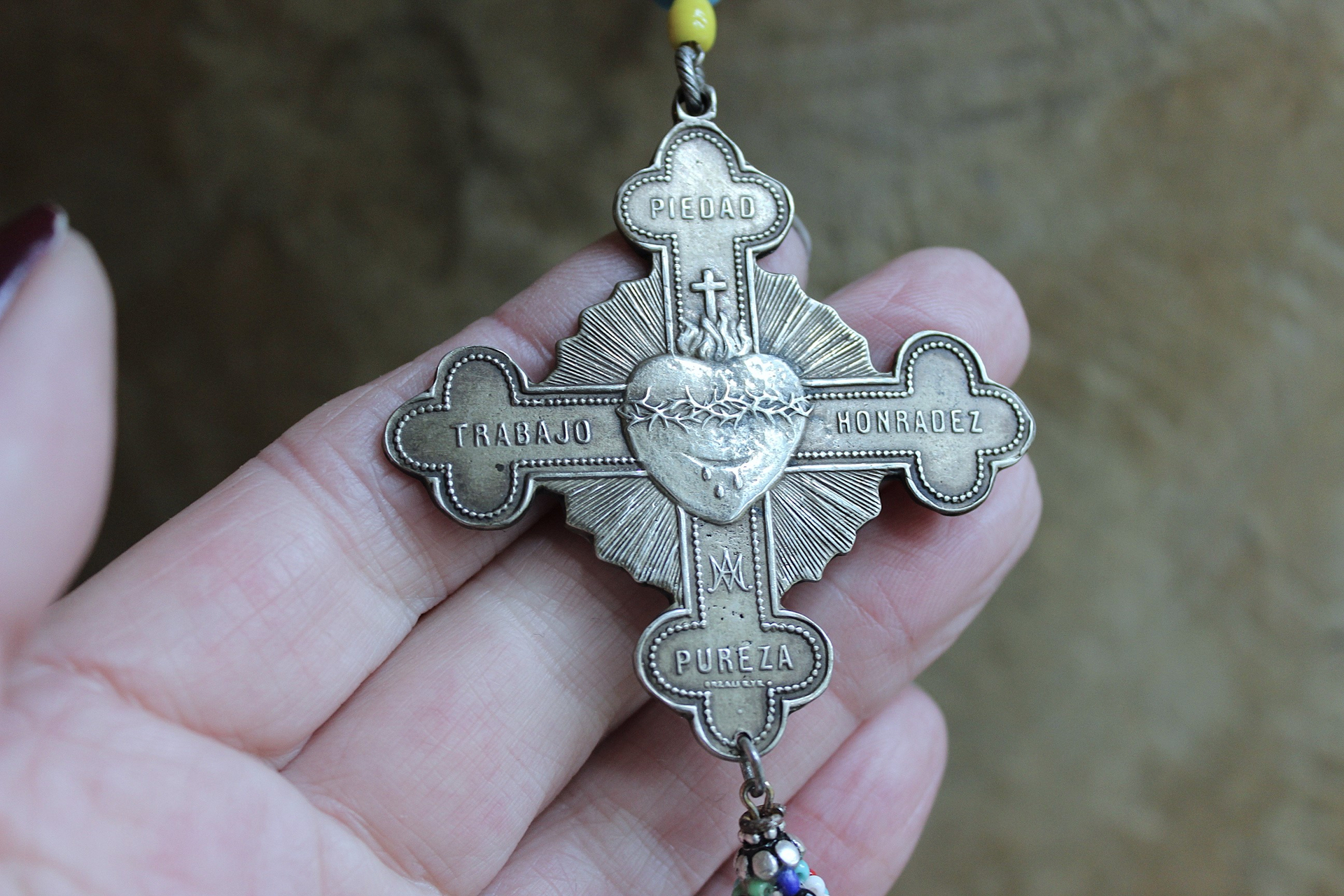 Work, Honesty, Devotion, Purity Necklace & Bracelet Set w/Amazing 1899 Sacred Heart 4 Way Cross,Antique Seed Bead Connectors,4 Sterling Crosses++