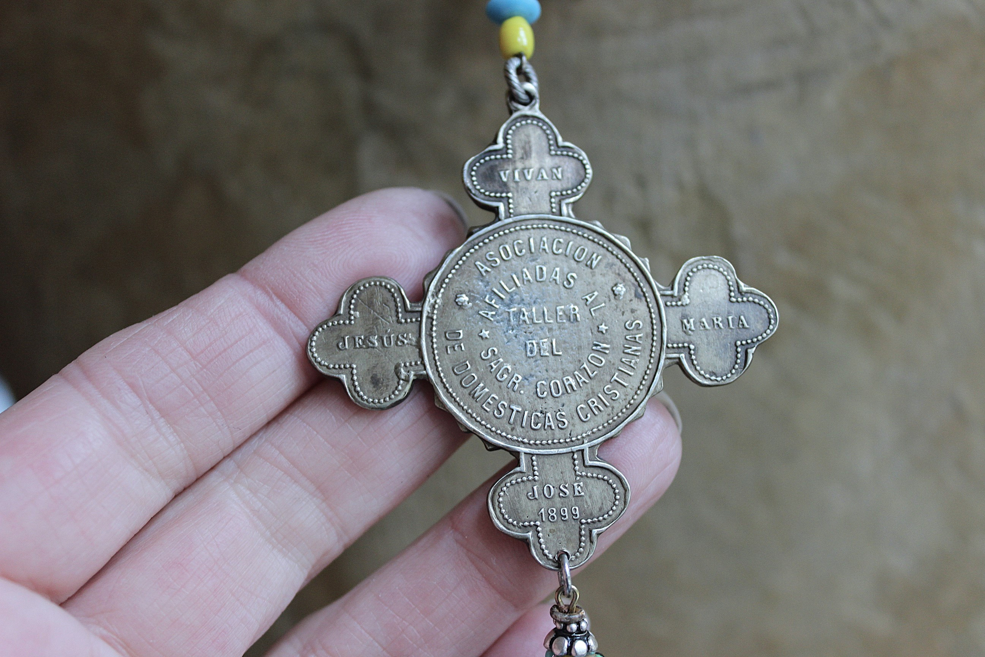 Work, Honesty, Devotion, Purity Necklace & Bracelet Set w/Amazing 1899 Sacred Heart 4 Way Cross,Antique Seed Bead Connectors,4 Sterling Crosses++