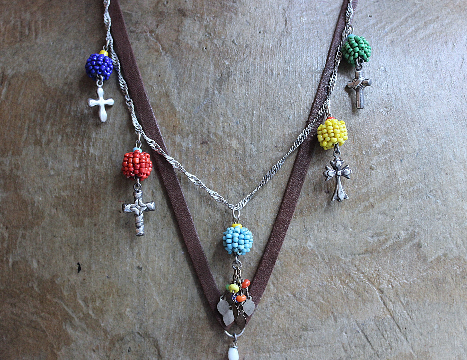 Work, Honesty, Devotion, Purity Necklace & Bracelet Set w/Amazing 1899 Sacred Heart 4 Way Cross,Antique Seed Bead Connectors,4 Sterling Crosses++