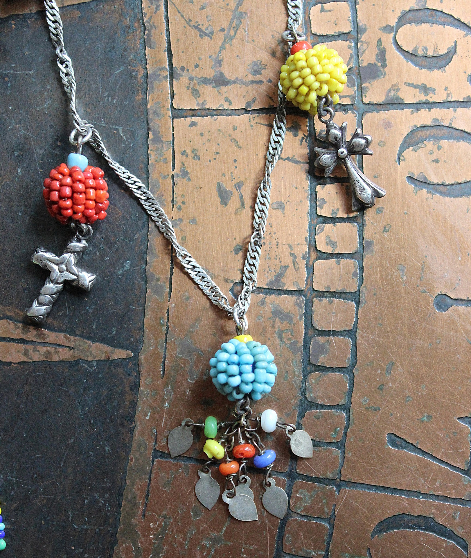 Work, Honesty, Devotion, Purity Necklace & Bracelet Set w/Amazing 1899 Sacred Heart 4 Way Cross,Antique Seed Bead Connectors,4 Sterling Crosses++