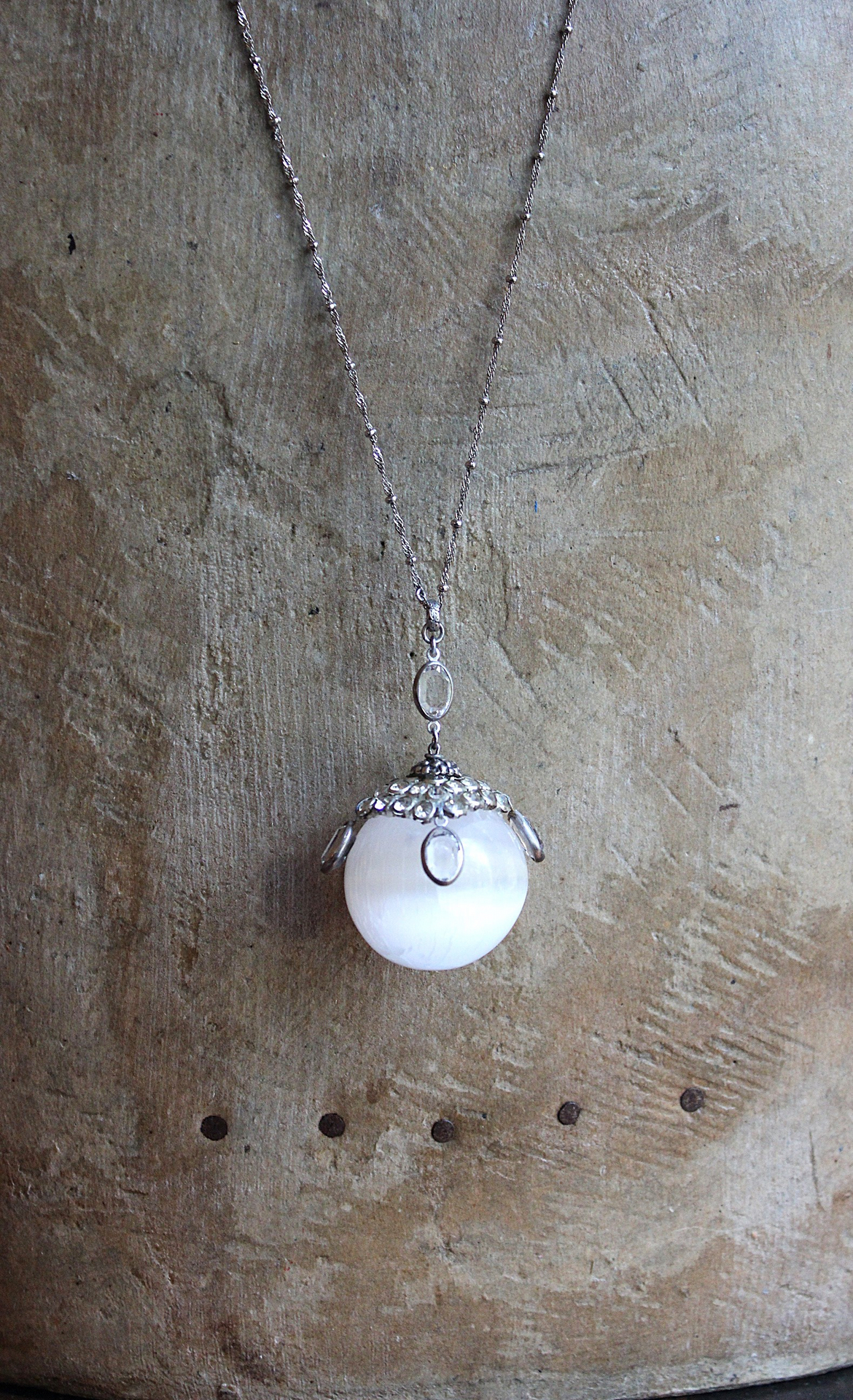 SOLD to J There is no Darkness Necklace with Polished Selenite Orb, Unique Antique Bezel Set Paste Cap, Bezel Set Oval Faceted Crystal Drops, Sterling Chain