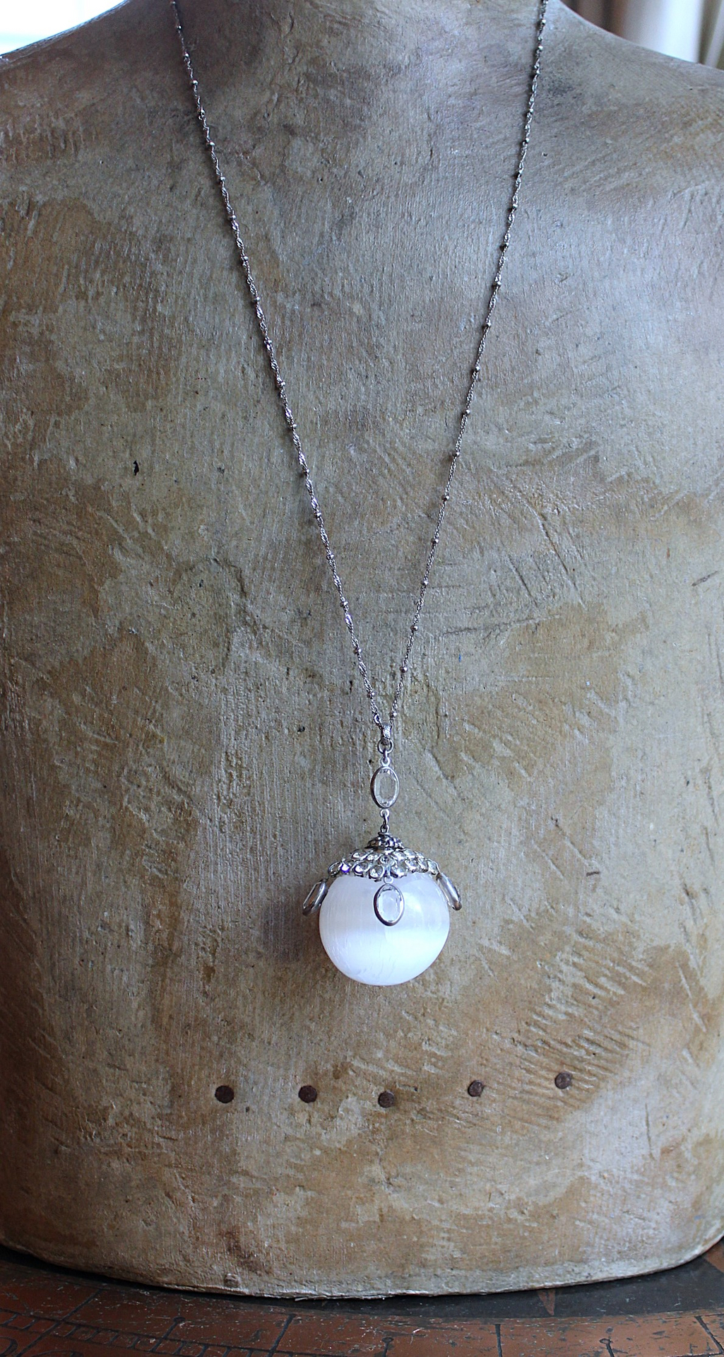 SOLD to J There is no Darkness Necklace with Polished Selenite Orb, Unique Antique Bezel Set Paste Cap, Bezel Set Oval Faceted Crystal Drops, Sterling Chain