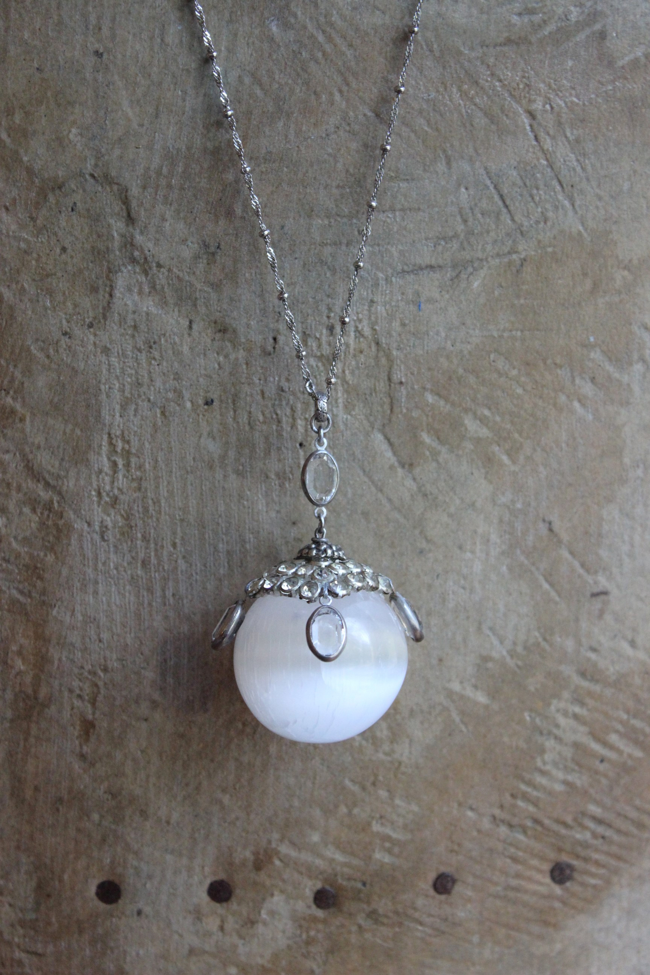 SOLD to J There is no Darkness Necklace with Polished Selenite Orb, Unique Antique Bezel Set Paste Cap, Bezel Set Oval Faceted Crystal Drops, Sterling Chain