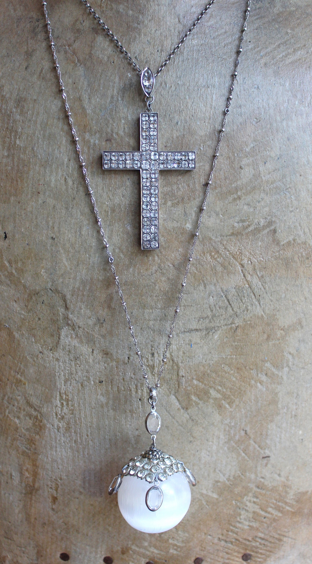 SOLD to J There is no Darkness Necklace with Polished Selenite Orb, Unique Antique Bezel Set Paste Cap, Bezel Set Oval Faceted Crystal Drops, Sterling Chain