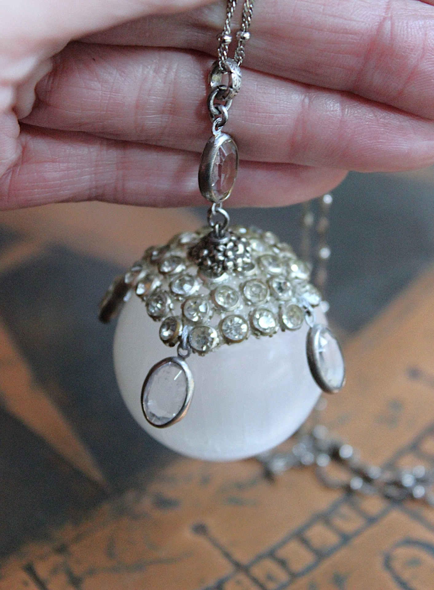 SOLD to J There is no Darkness Necklace with Polished Selenite Orb, Unique Antique Bezel Set Paste Cap, Bezel Set Oval Faceted Crystal Drops, Sterling Chain