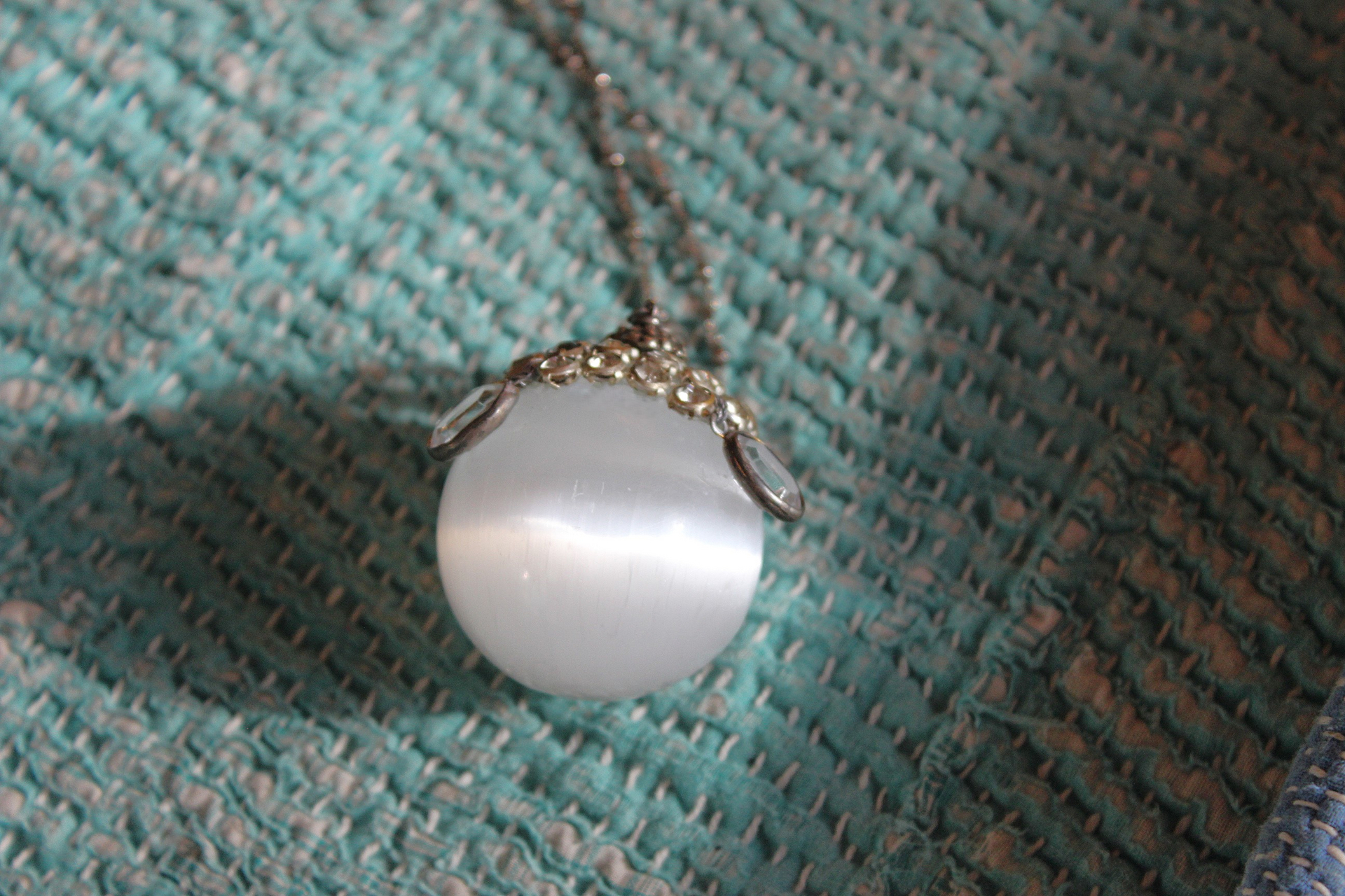 SOLD to J There is no Darkness Necklace with Polished Selenite Orb, Unique Antique Bezel Set Paste Cap, Bezel Set Oval Faceted Crystal Drops, Sterling Chain