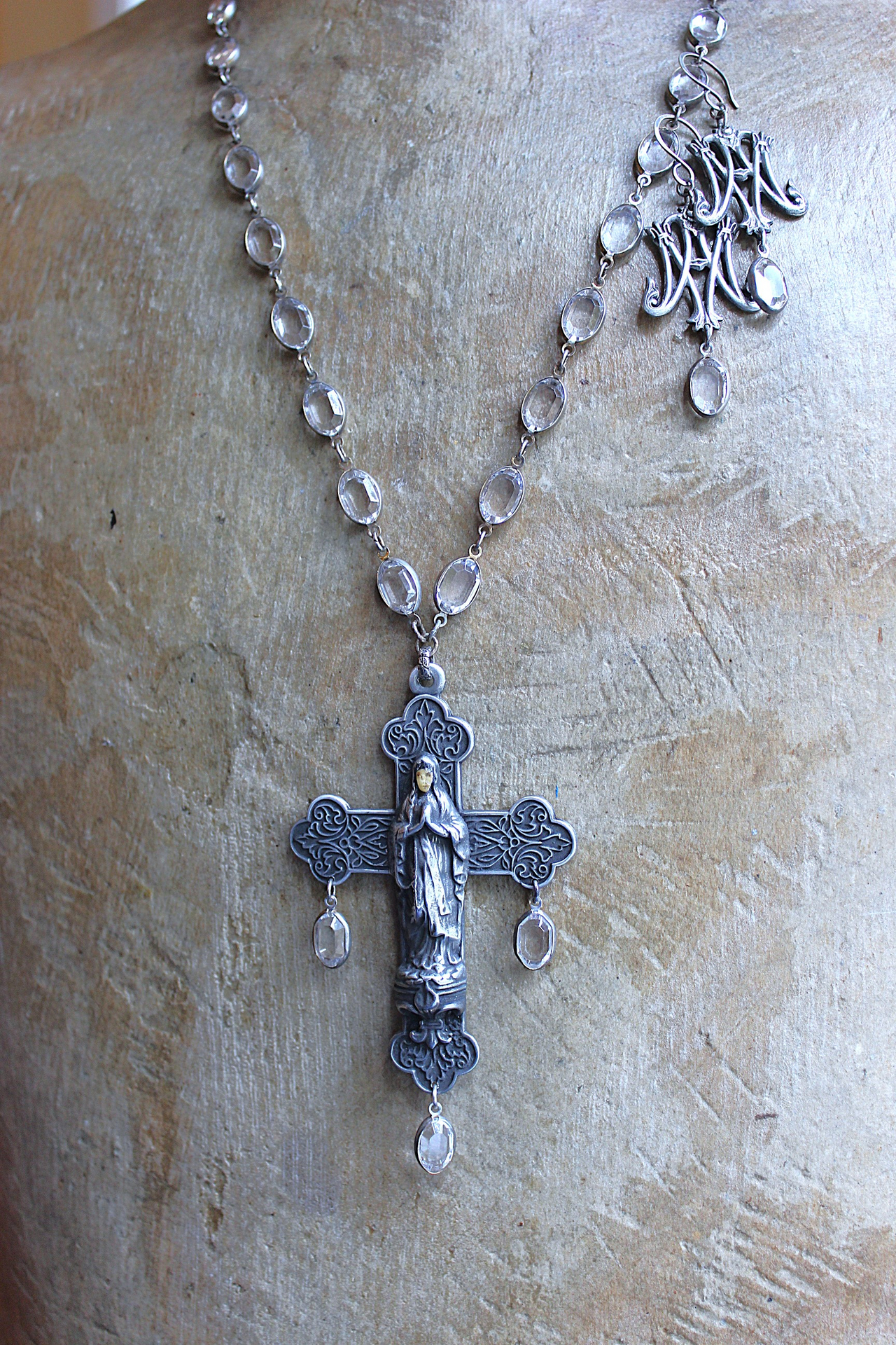 Peace to your Soul Necklace and Earring Set with Rare Marian Cross,Oval Bezel Set Faceted Crystal Chain & Drops, French Freres Scrolled Initial AM Medals