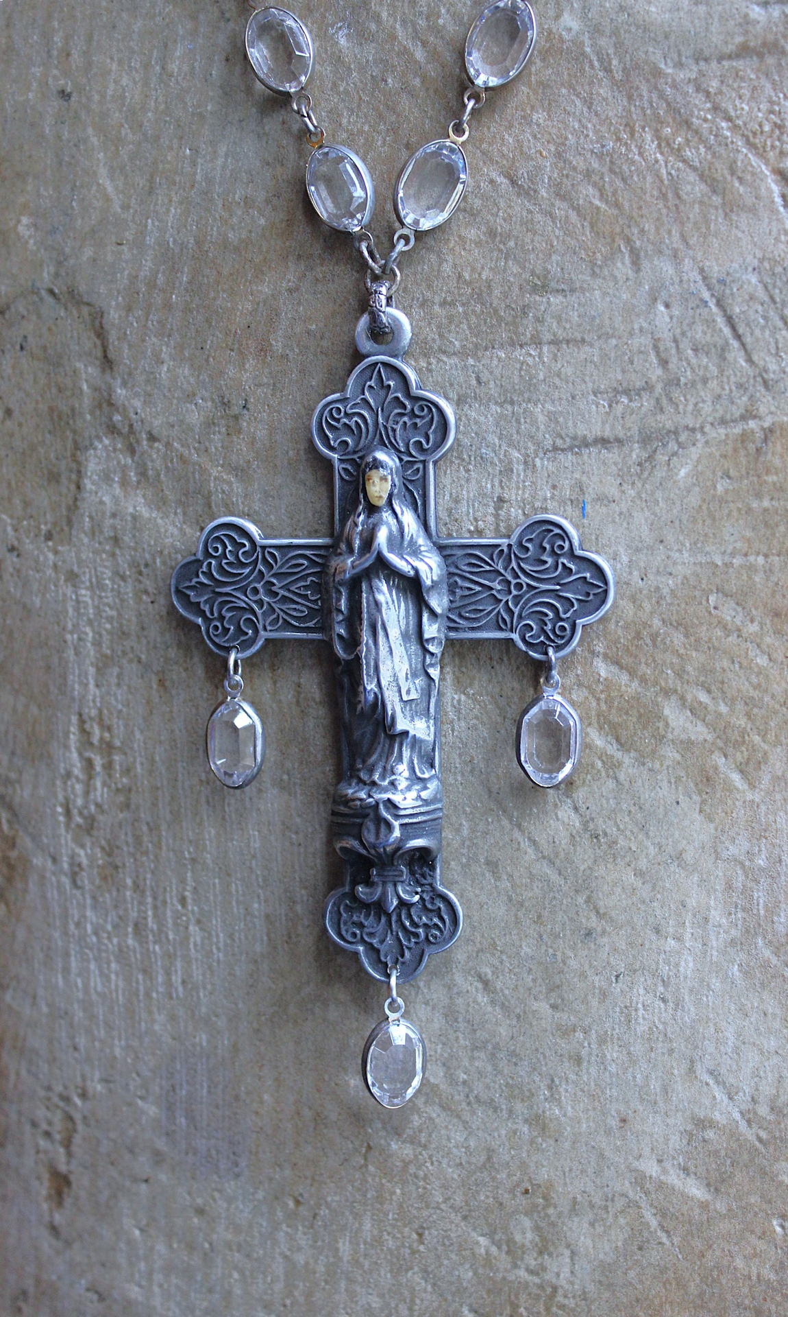 Peace to your Soul Necklace and Earring Set with Rare Marian Cross,Oval Bezel Set Faceted Crystal Chain & Drops, French Freres Scrolled Initial AM Medals