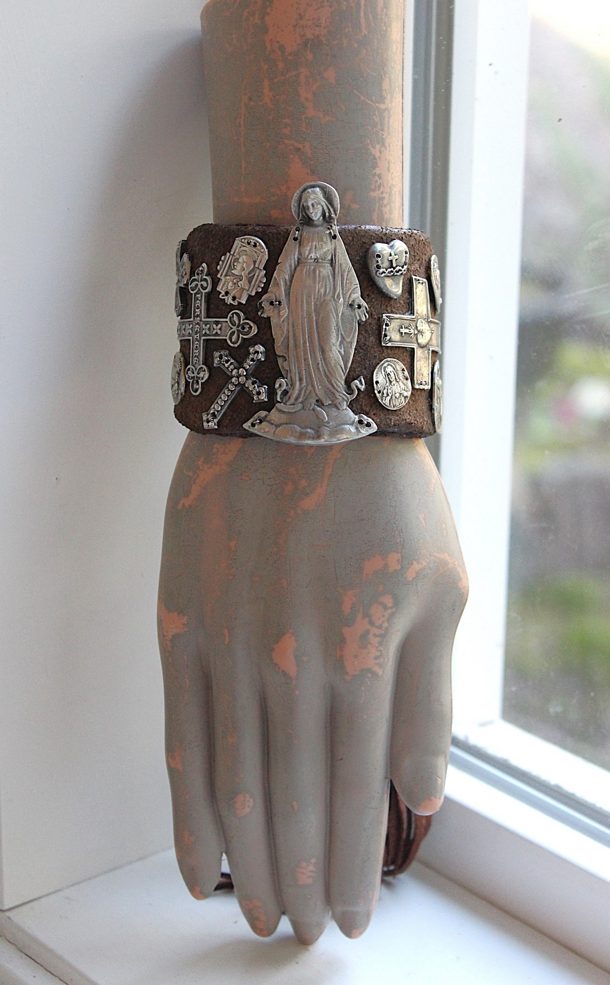 The Milagro Cuff Bracelet with Distressed Leather, 16 Antique & Vintage Crosses and Medals and Leather Tassel