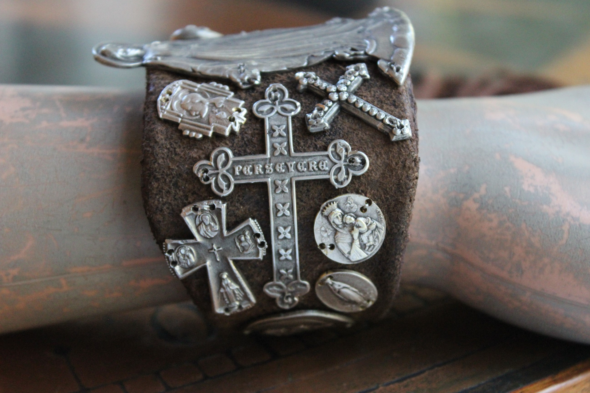 The Milagro Cuff Bracelet with Distressed Leather, 16 Antique & Vintage Crosses and Medals and Leather Tassel