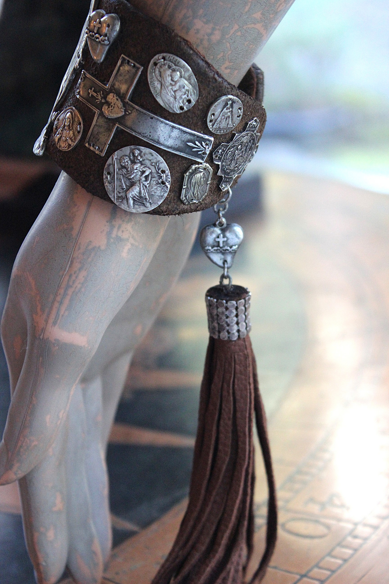 The Milagro Cuff Bracelet with Distressed Leather, 16 Antique & Vintage Crosses and Medals and Leather Tassel